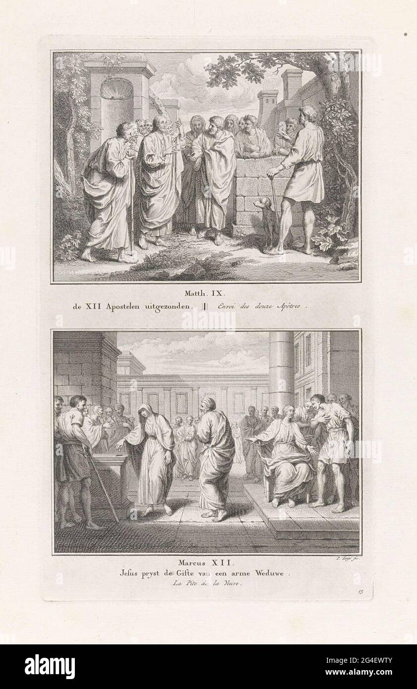 . Deux représentations bibliques. Ci-dessus: Christ transmet ses douze apôtres. Ci-dessous: Christ enseigne ses étudiants dans le temple. Il signale à une veuve pauvre, qui jette déjà tout son argent dans le bureau. Parmi les représentations, une référence aux textes de la Bible et aux titres en néerlandais et en français. Banque D'Images