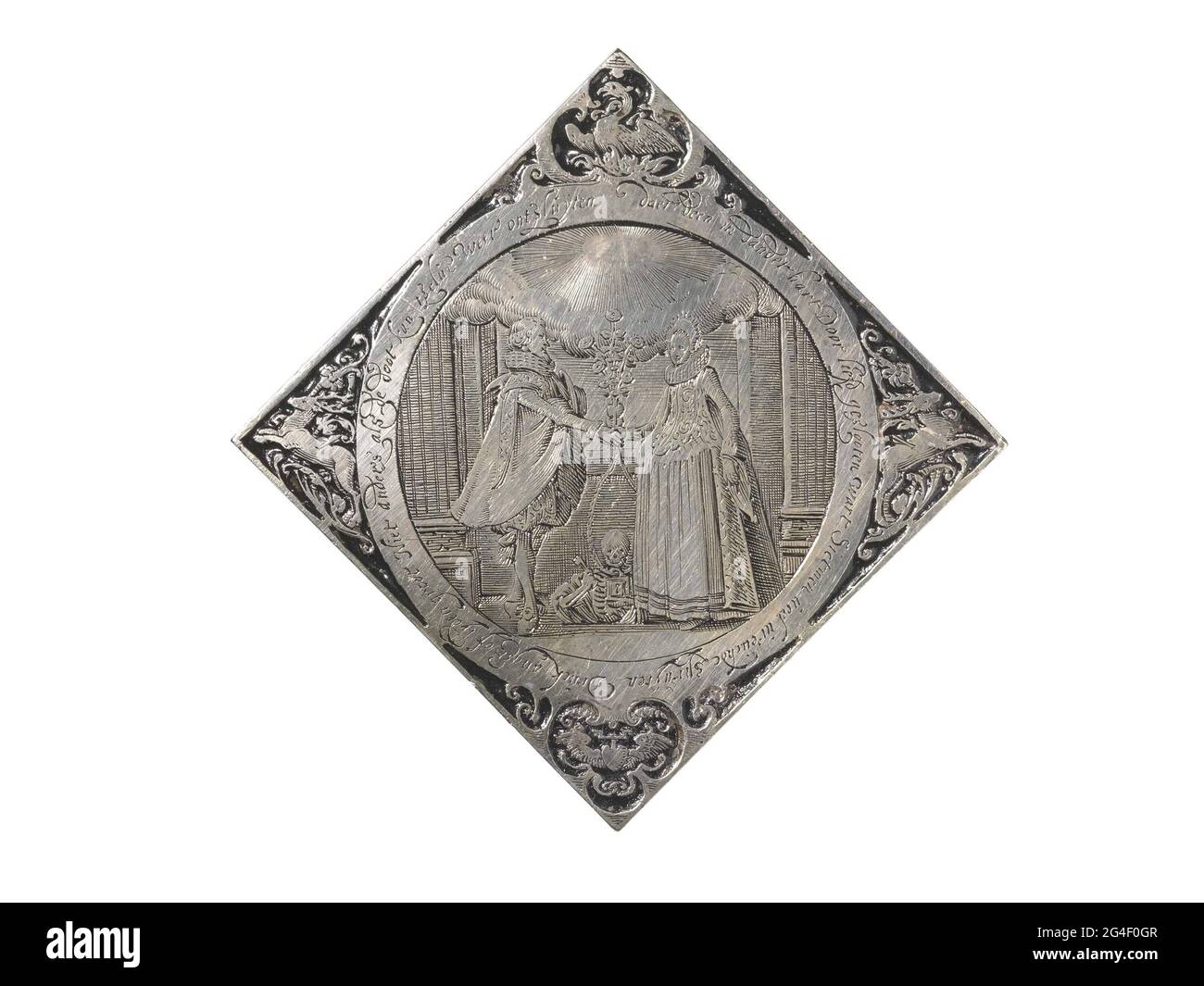 . Médaille d'argent en forme de diamant, partiellement émaillée et gravée, fabriquée à l'occasion du mariage de Frans van Limborch et Geertruyt Bisschop en 1623. Banque D'Images