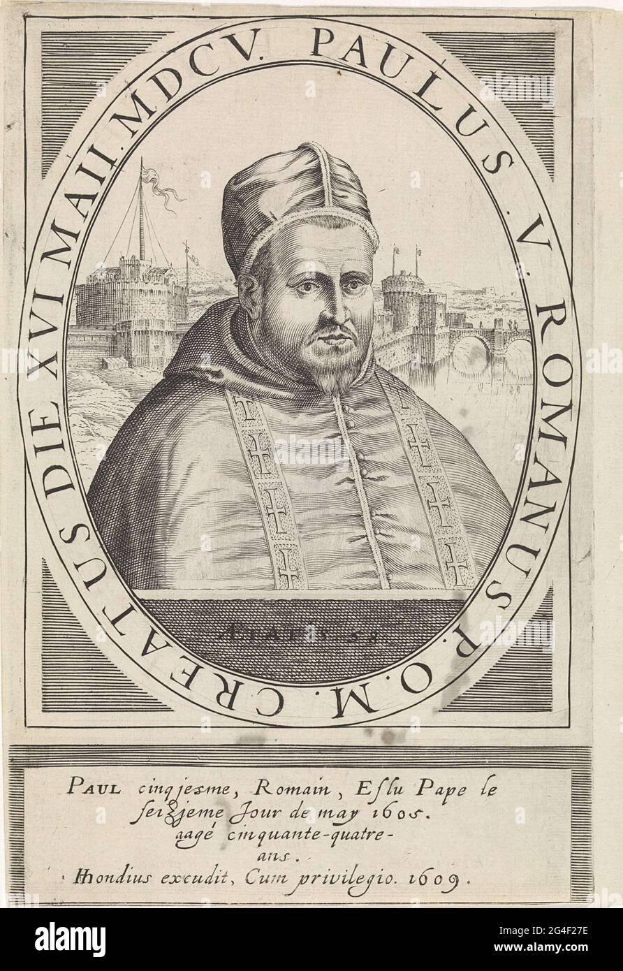 . Buste à droite du Pape Paul V, dans un cadre ovale, sur lequel un panneau périphérique avec nom et titre en latin. Sous le portrait quatre règles en français. Imprimé d'une série de quarante portraits de soldats de la paix aux pays-Bas. Banque D'Images