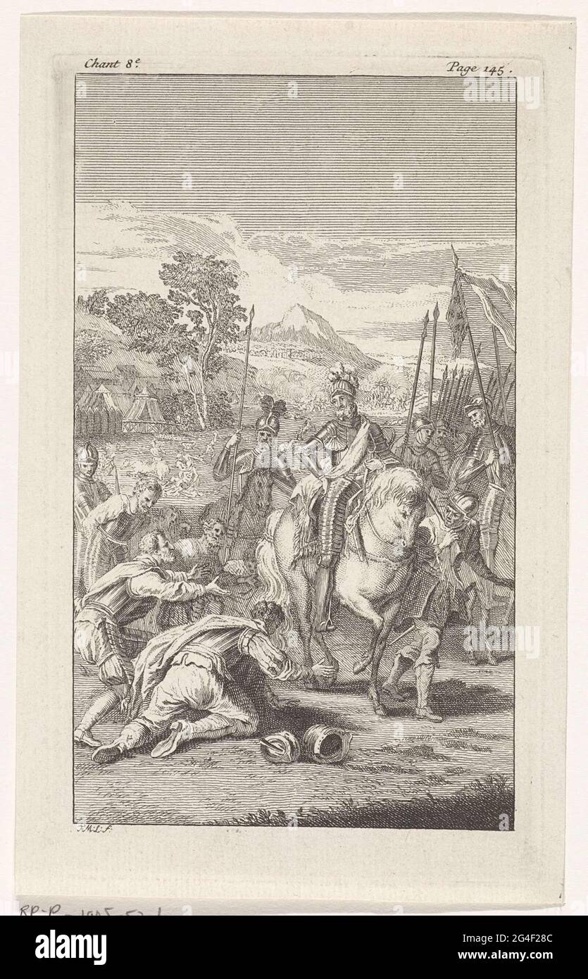. La marche à pied se donne à genoux pour un cheval à cheval. Un camp militaire en arrière-plan. En haut à gauche : chant 8e. En haut à droite : page 145. Banque D'Images