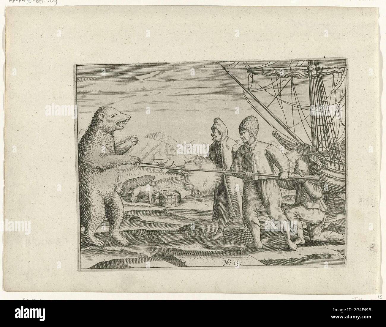 Trois ours polaires au navire coincé, le 15 septembre 1596. Un homme tire  sur l'ours polaire, le tireur est protégé par deux hommes à dos nu. Copies  des illustrations originales dans