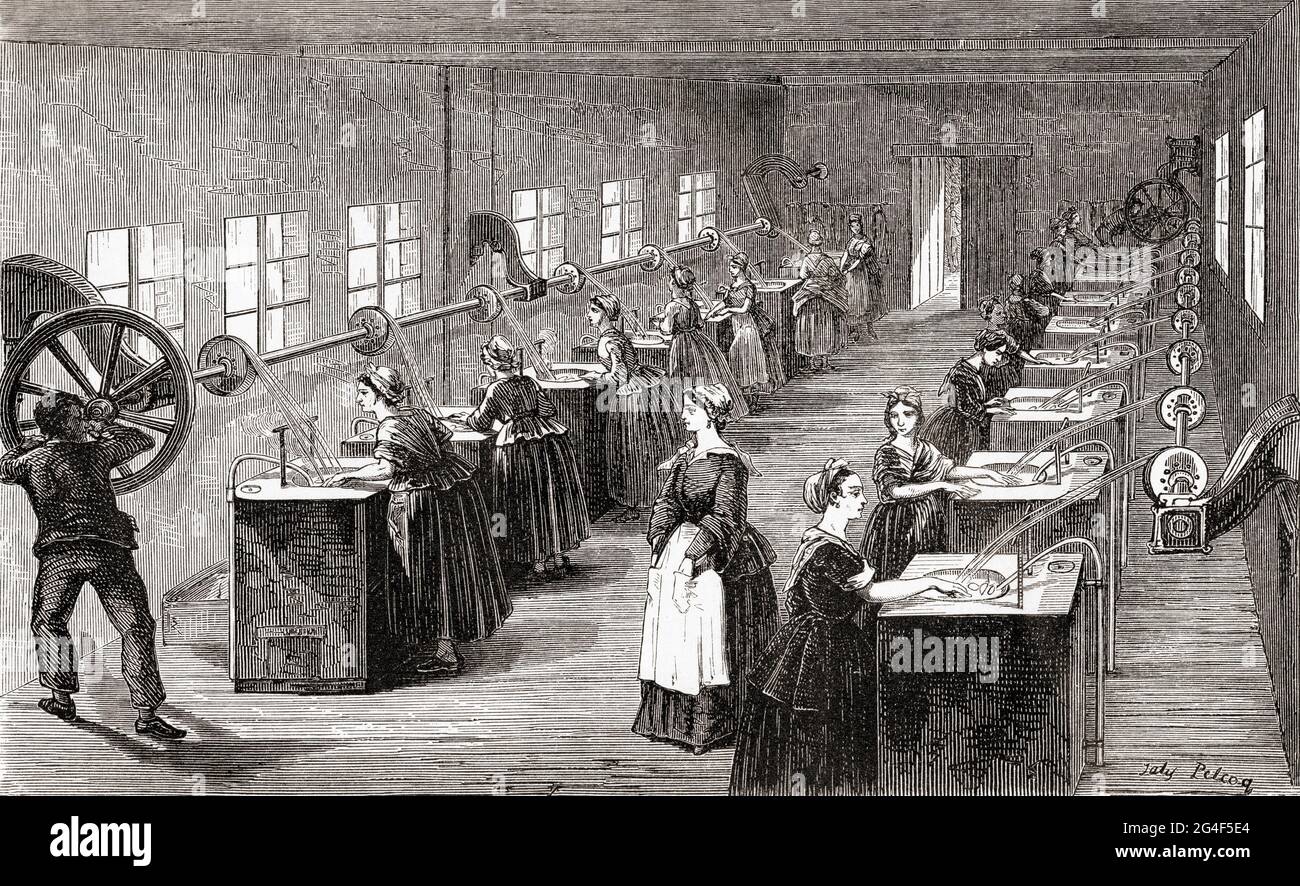 Un atelier de filature de soie, 19e siècle. Du restaurant du foyer ou notions scientifiques sur les Objets Usuels de la vie, publié en 1864 Banque D'Images