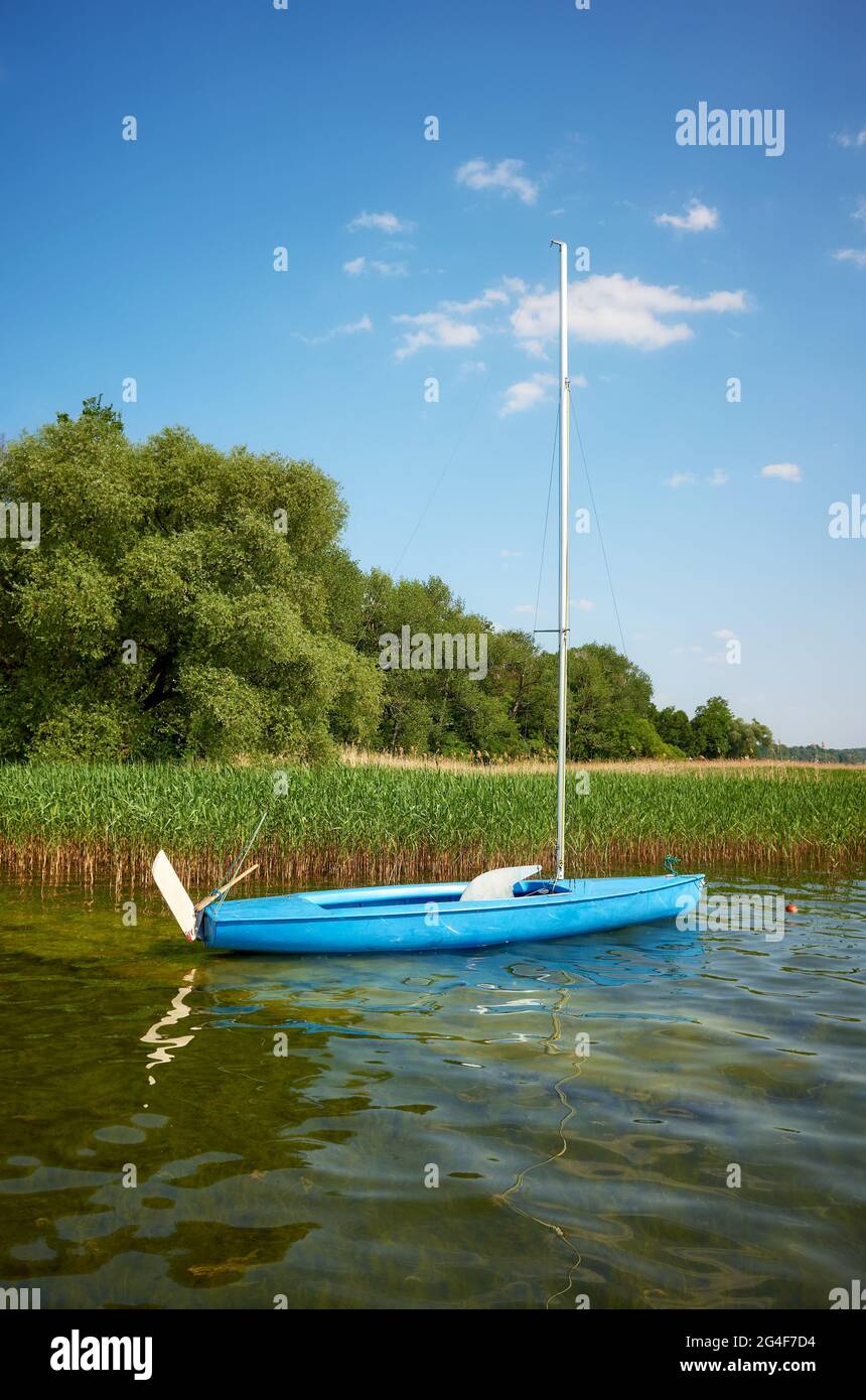 Petit voilier bleu amarré par des roseaux, Lac de Drawsko, Pologne. Banque D'Images Petit voilier bleu amarré par des roseaux, Lac de Drawsko, Pologne. Banque D'Images