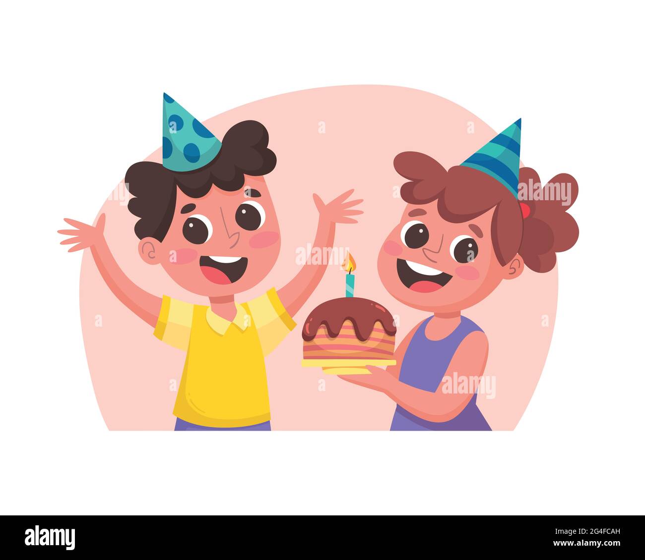 Anniversaire félicitations. Portrait d'un petit garçon et d'une petite fille avec un gâteau, célébrant une fête d'anniversaire. Illustration de Vecteur