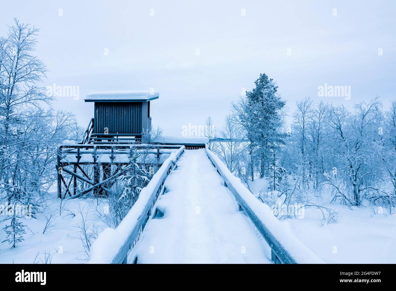 Tour d'observation des oiseaux, Sotkajarvi, Enontekioe, Finlande Banque D'Images