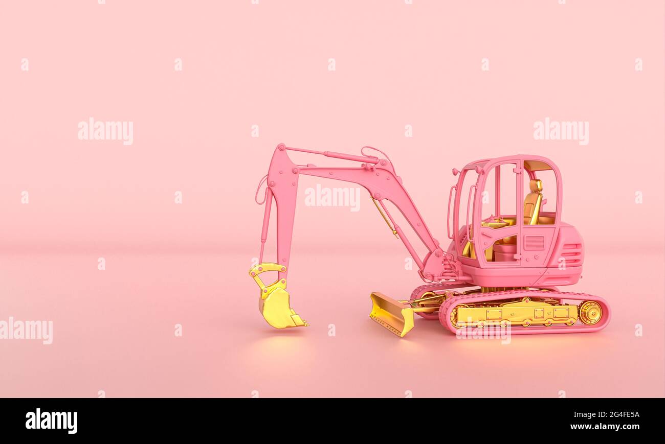 pelle hydraulique rose et or sur fond rose. rendu 3d. Banque D'Images