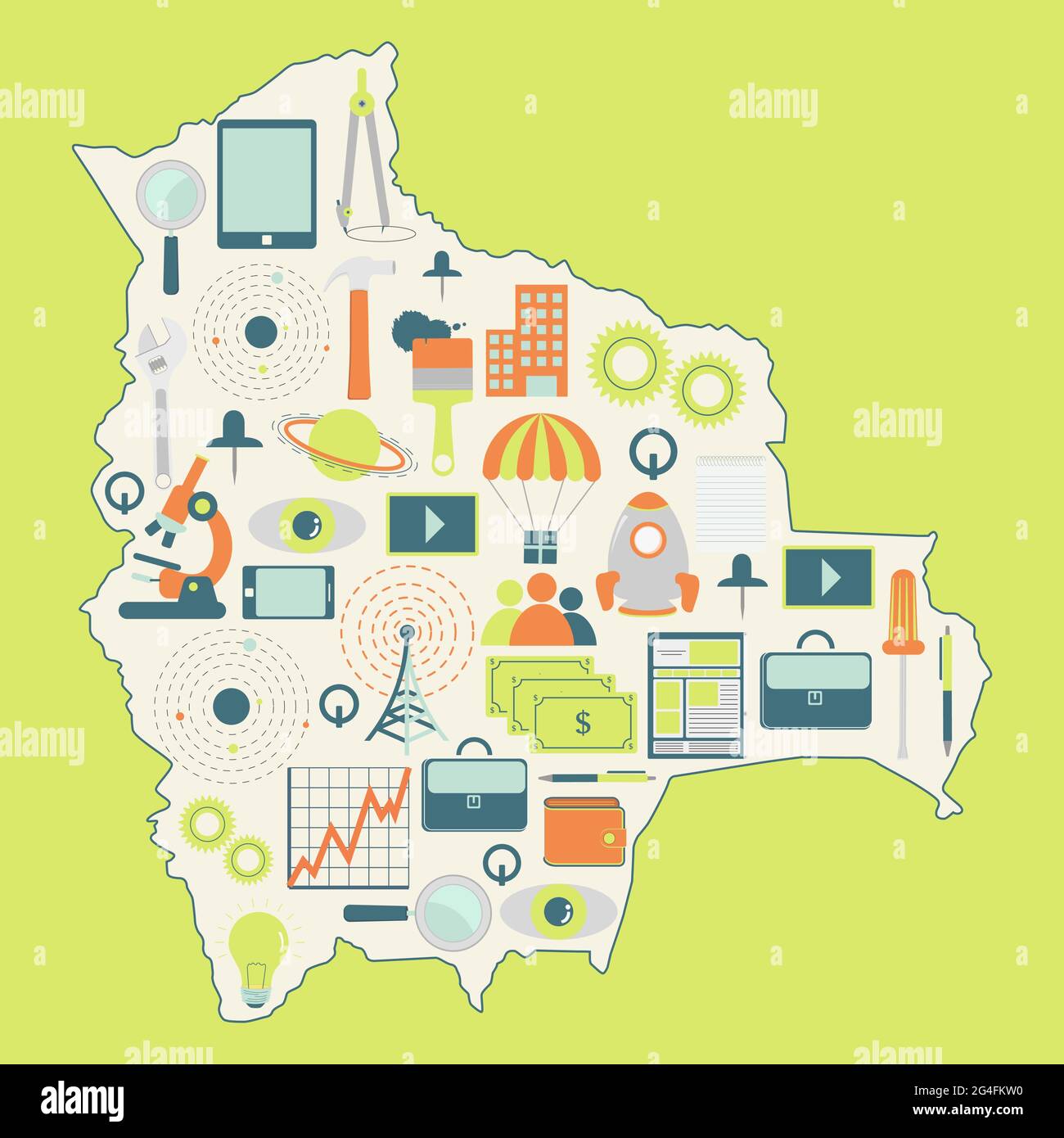 Carte de contour de la Bolivie avec des icônes de la technologie, des affaires, de la science, de la communication Illustration de Vecteur