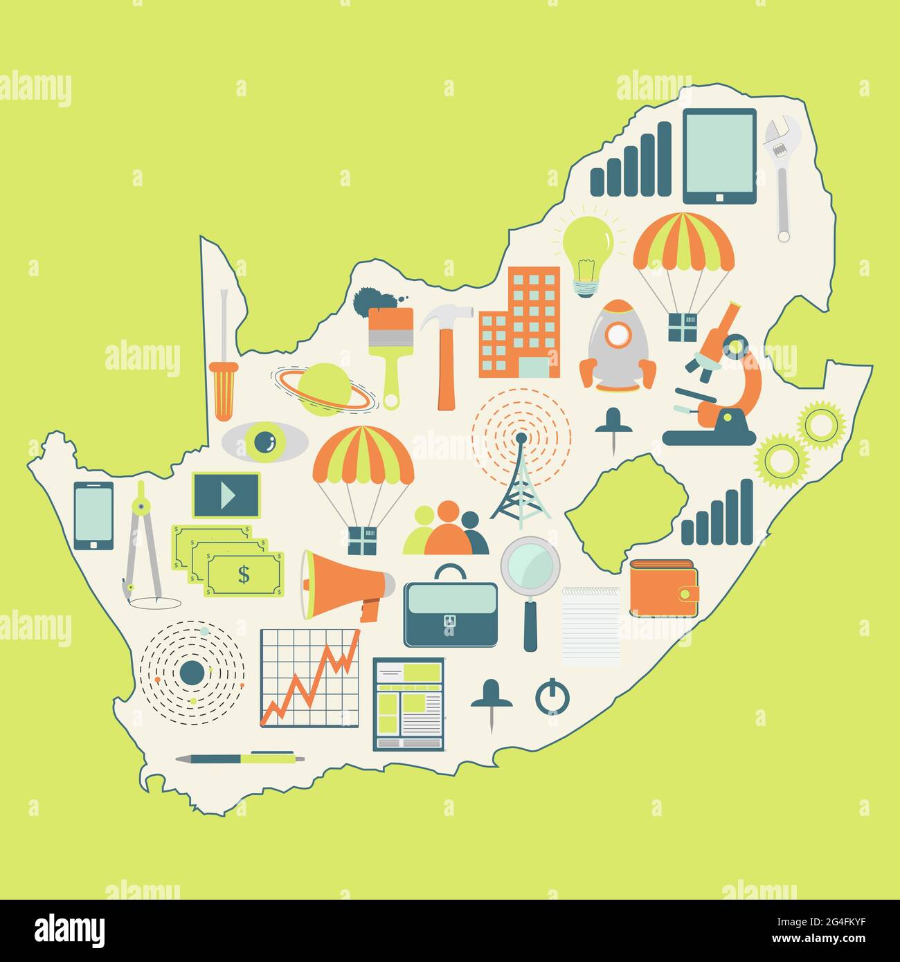 Carte de contour de l'Afrique du Sud avec des icônes de la technologie, des affaires, de la science, de la communication Illustration de Vecteur