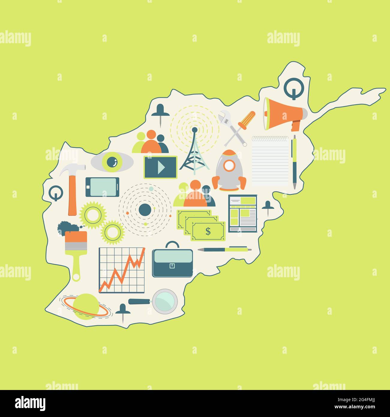 Carte de contour de l'Afghanistan avec des icônes de la technologie, des affaires, de la science, de la communication Illustration de Vecteur