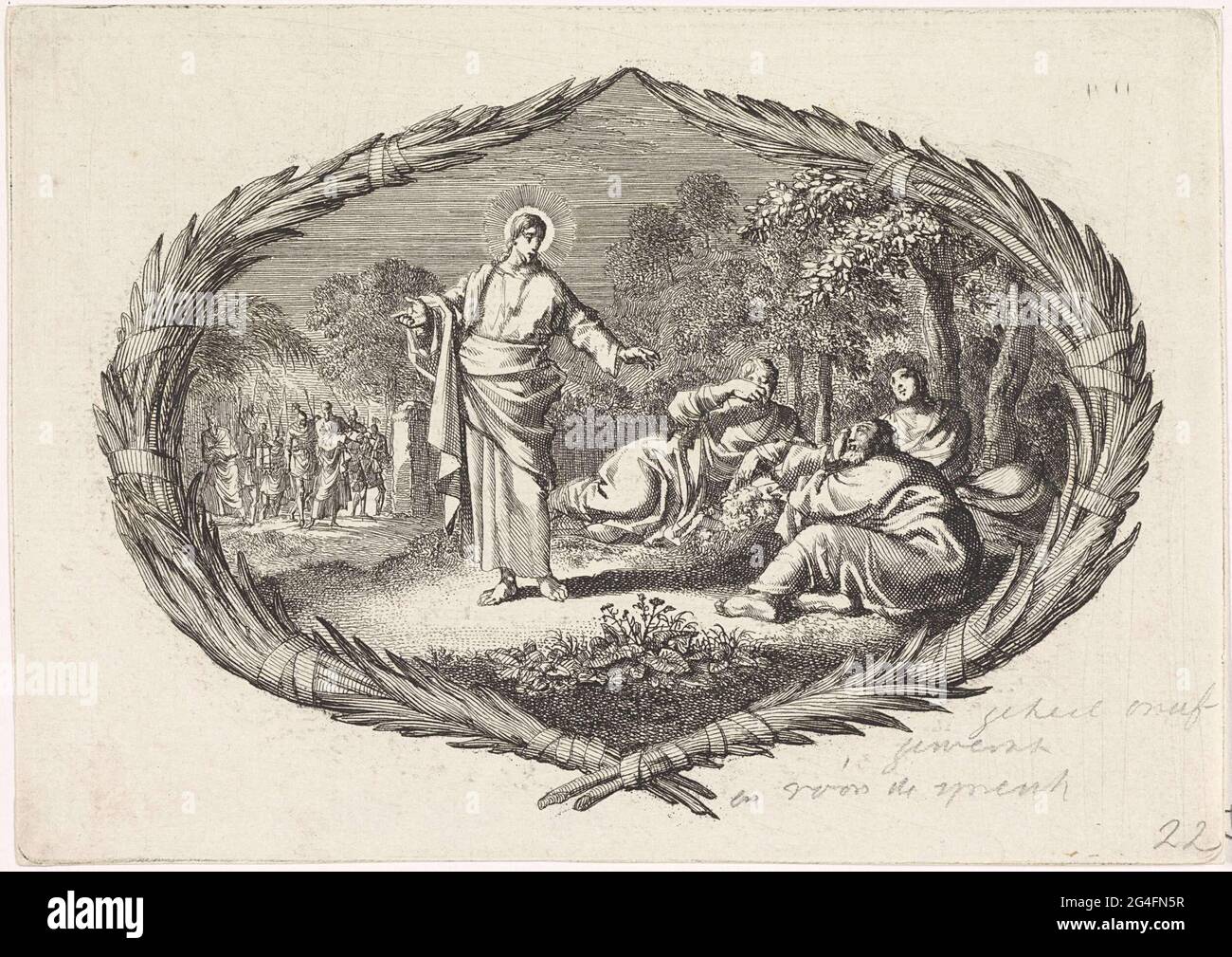 . Une performance dans une cartouche de branches de palmier. Christ dans le Hof van Getsemane. Il réveille les trois étudiants qui dorment. Les soldats et Judas apparaissent en arrière-plan. Banque D'Images