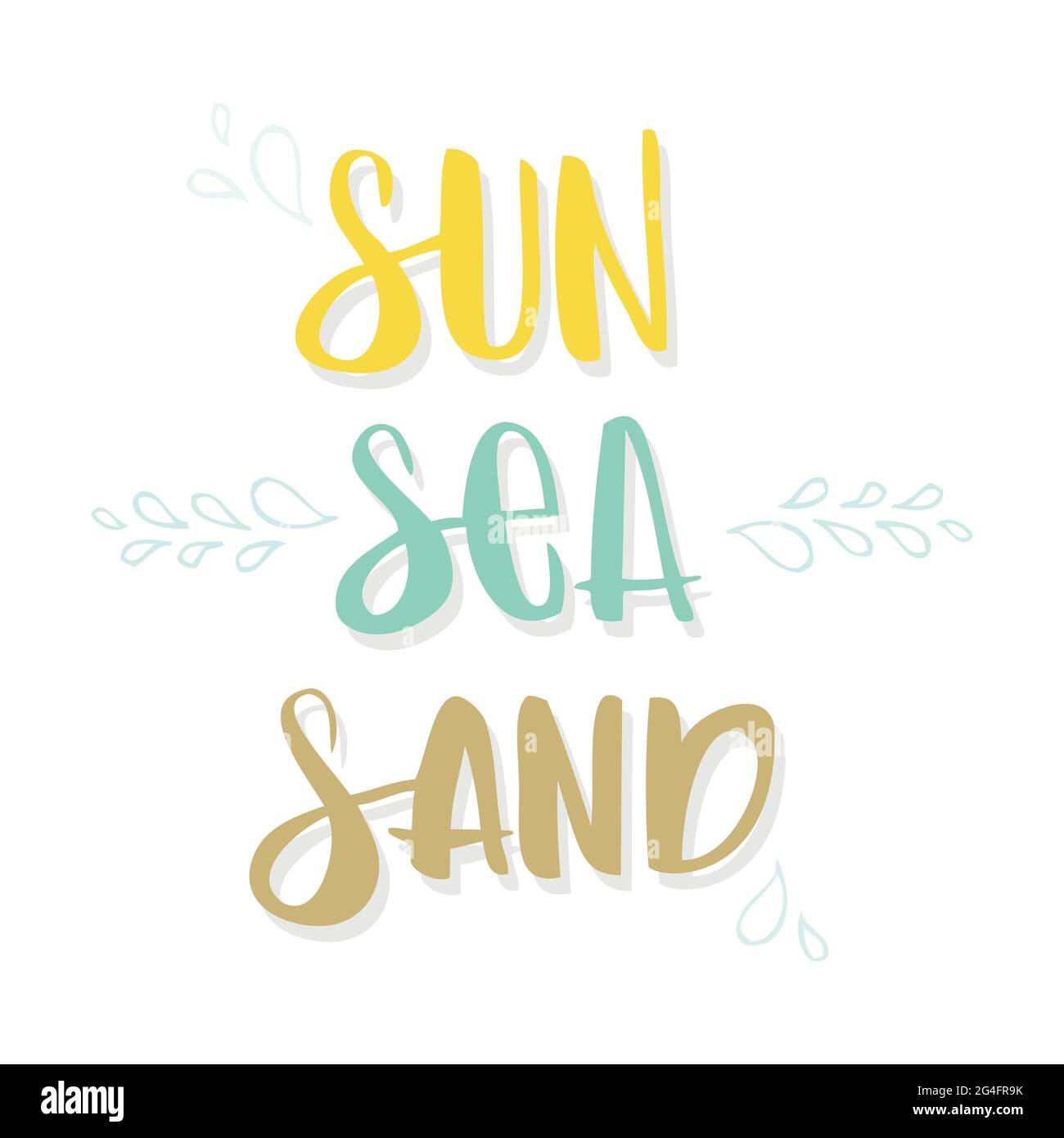 Lettrage soleil, mer, sable. Gouttes d'eau. Illustration vectorielle, dessin à la main Illustration de Vecteur