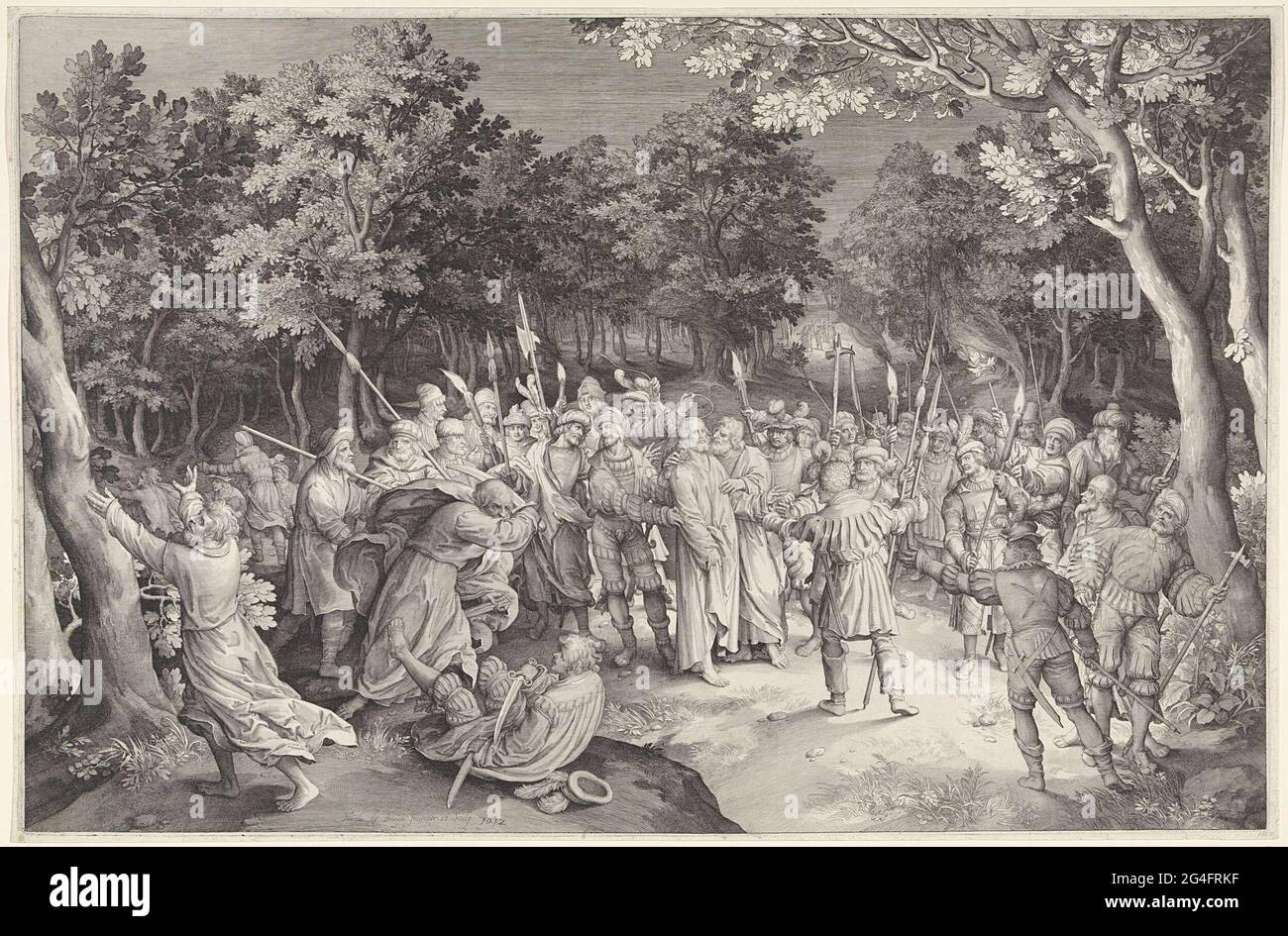 . Christ et ses étudiants à la cour de Getemane. Judas côte Christ sur la joue. Les soldats l'entourent et l'arrêtent. Pierre essaie de défendre le Christ et tombe dans l'un des soldats. Banque D'Images