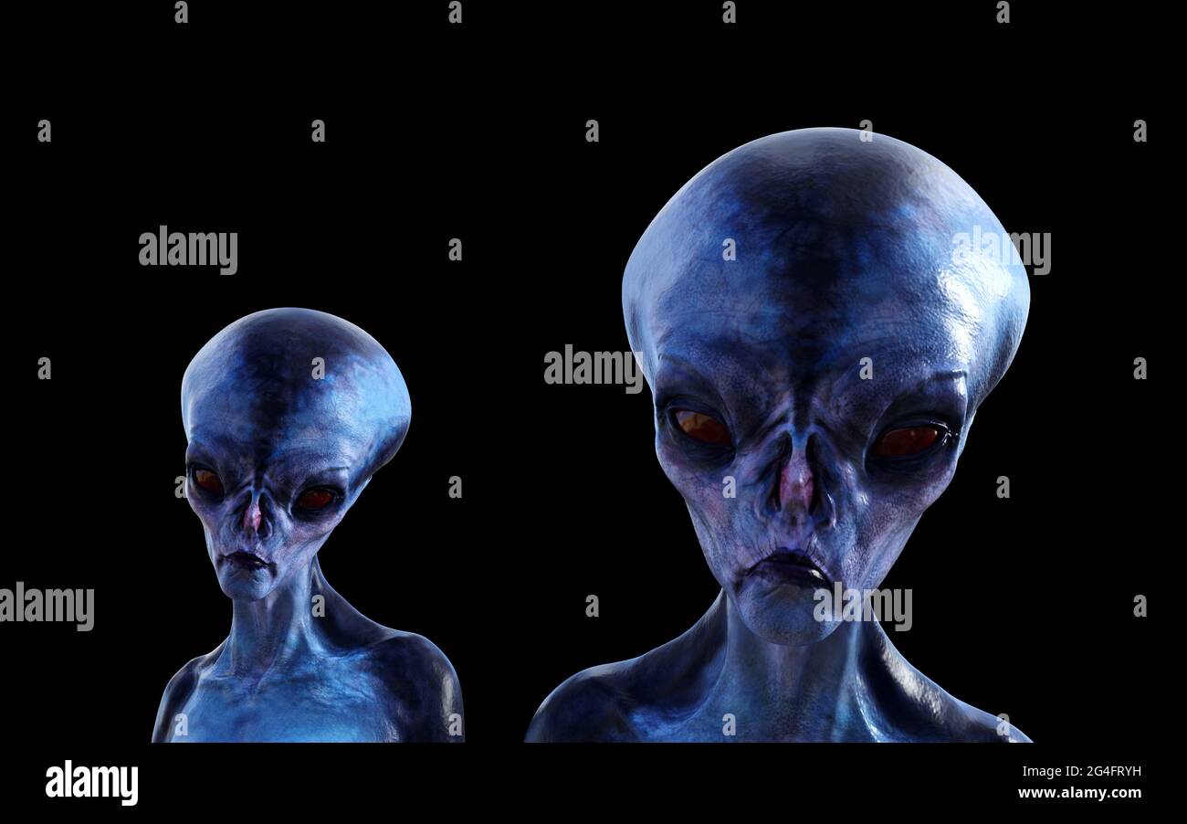 illustration 3d de deux extraterrestres bleus avec des yeux rouges regardant vers l'avant sur un fond noir. Banque D'Images