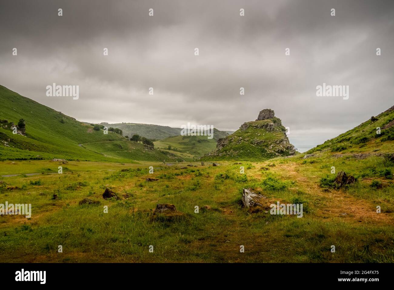 La vallée des rochers, dans le nord du Devon, près de Lynton. Beau si sombre par mauvais temps. Juin 2021. Banque D'Images