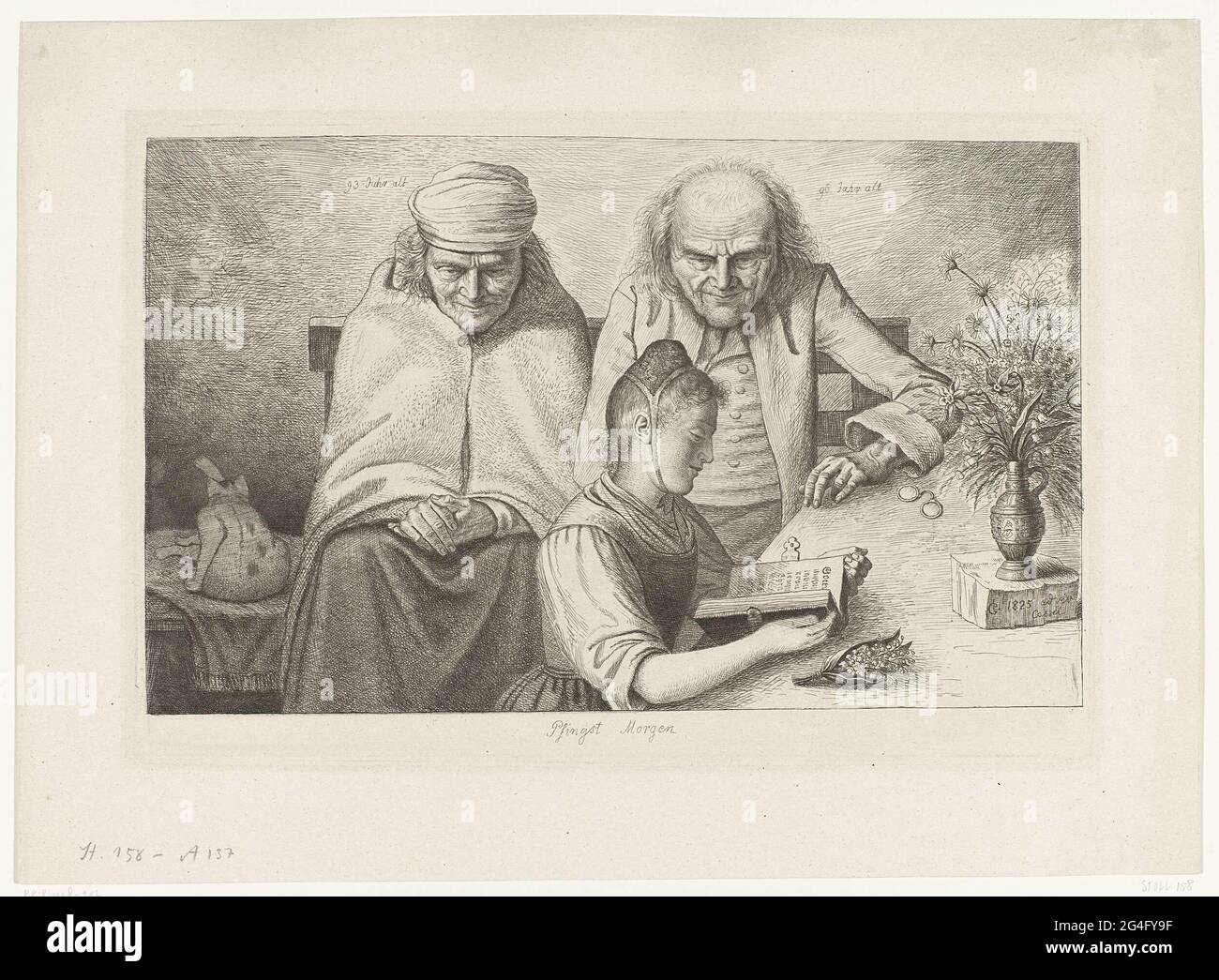 . Au matin pentecôtiste, une fille lit la Bible à une table. Pour elle un vase de fleurs. Sur un banc un homme de 96 ans et une femme de 93 ans. (Stoll 158 / iii) Banque D'Images