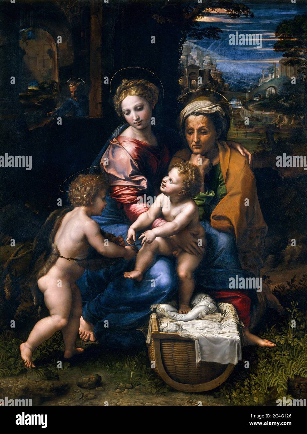 Raphaël. La Sainte famille ou la Perle par Raffaello Sanzio da Urbino (1483–1520), huile sur panneau, c. 1518 Banque D'Images