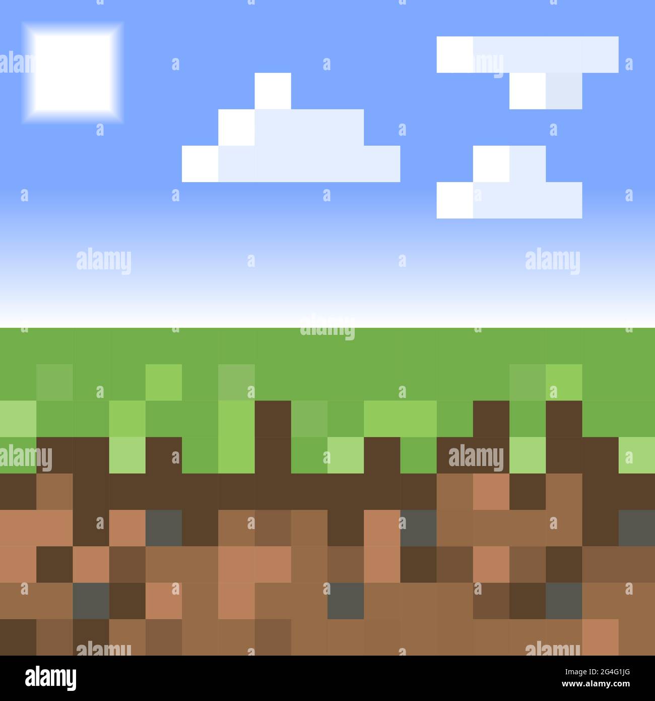 Arrière-plan de terrain de style pixel Minecraft. Concept de terrain de jeu pixélisé fond horizontal avec ciel bleu, soleil, nuage. Illustration vectorielle Illustration de Vecteur