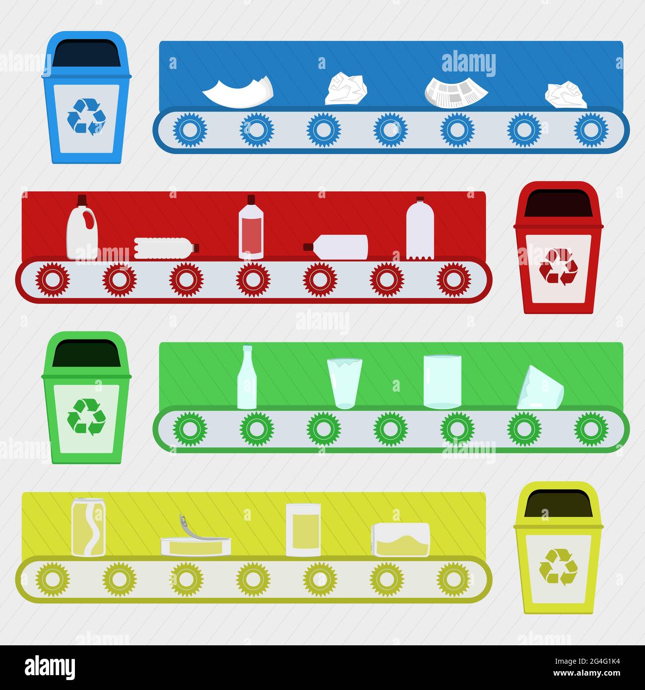 Convoyeur avec matériaux recyclés dans une usine de recyclage. Recyclage du papier, du plastique, du verre et du métal. Illustration de Vecteur