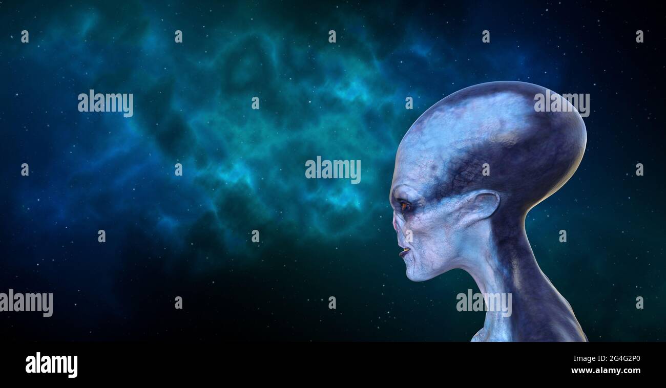 illustration 3d de la tête et du cou d'un extraterrestre bleu avec la bouche légèrement ouverte avec une nébuleuse et des étoiles en arrière-plan. Banque D'Images