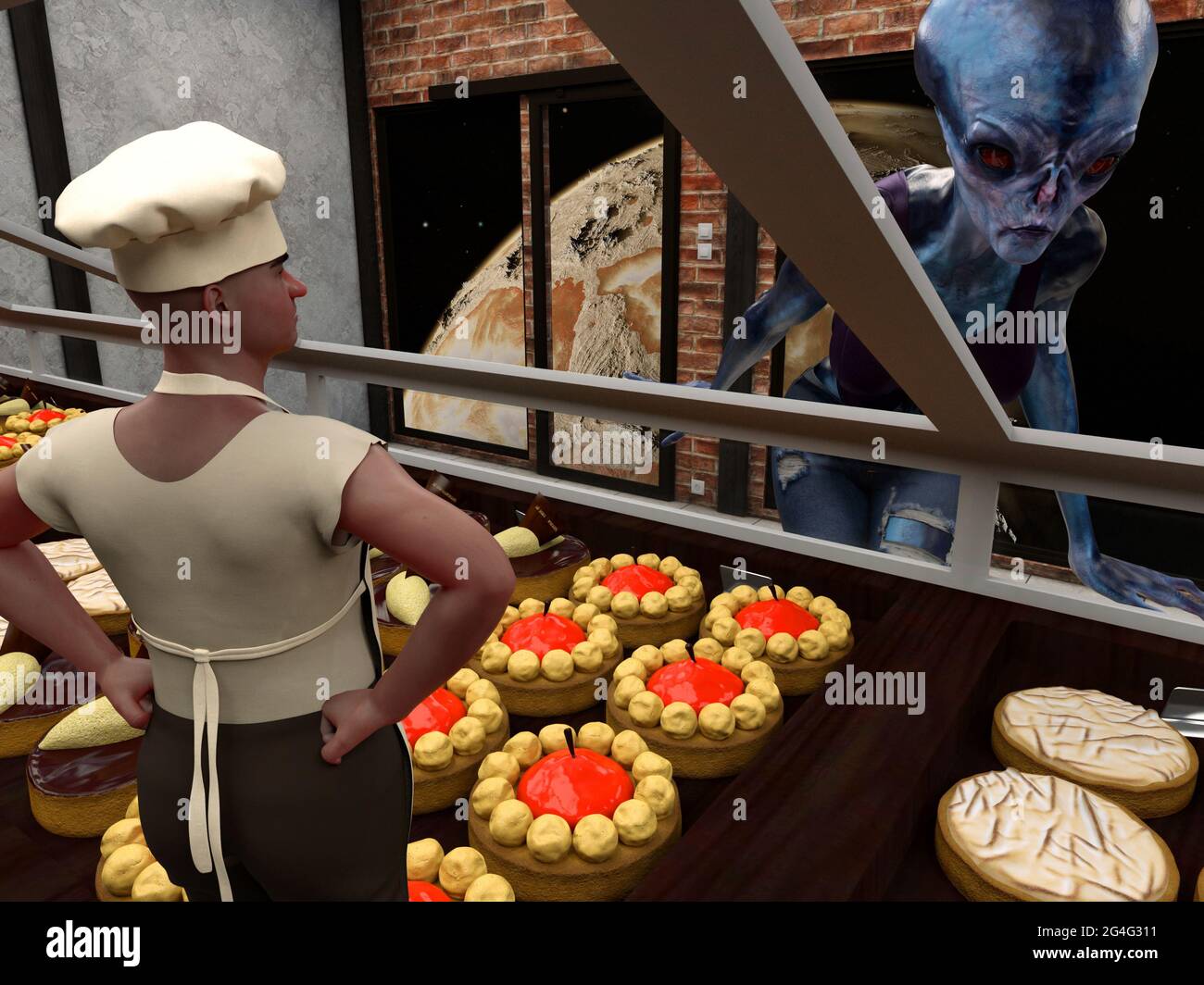 l'illustration 3d d'une énorme peau bleue extraterrestre regarde une pâtisserie alors qu'un boulanger humain attend avec les mains sur les hanches dans une boulangerie. Banque D'Images
