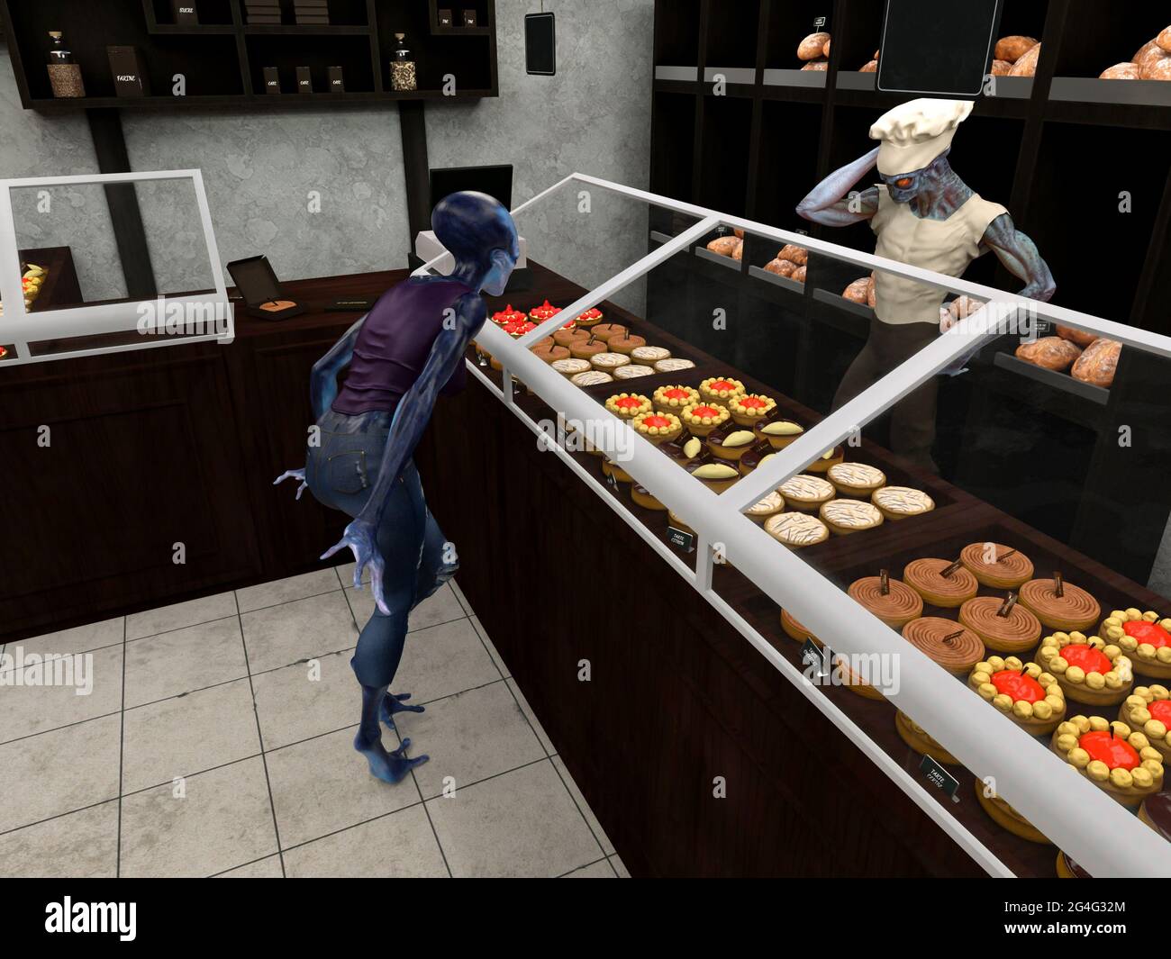 illustration 3d d'un boulanger extraterrestre qui se gratte la tête en attendant qu'un client étranger sélectionne une pâtisserie dans une boulangerie. Banque D'Images