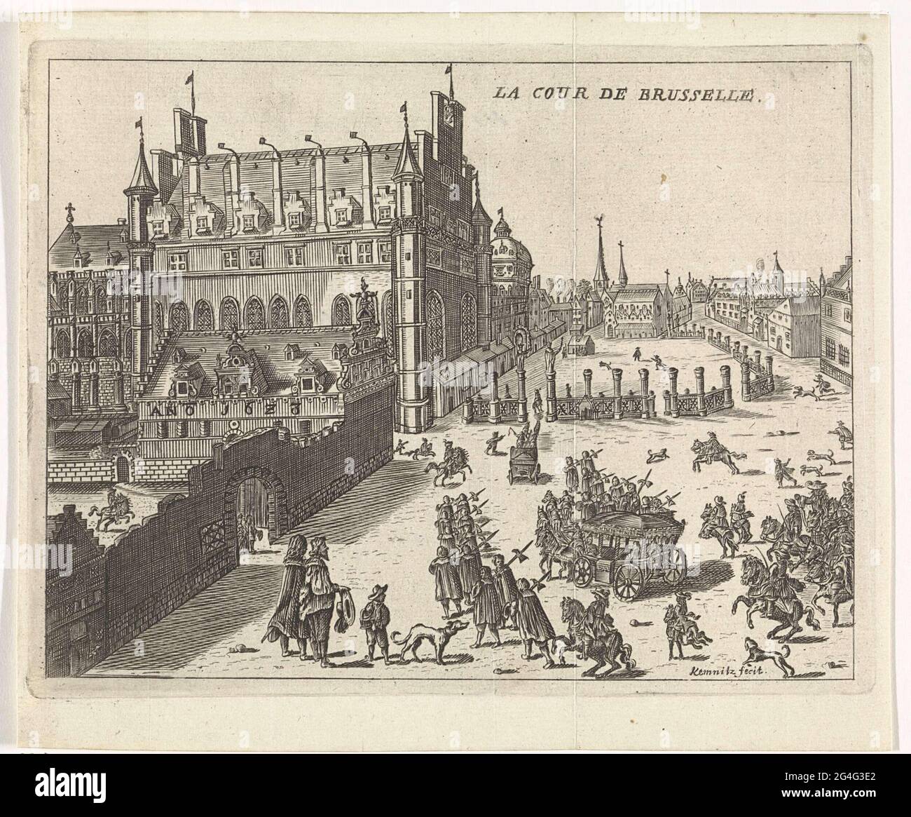 . Vue de la Cour de Bruxelles, 1673. Un certain nombre de wagons au premier plan se trouvent en direction de la Cour. Les voitures sont accompagnées de nombreux soldats et parties intéressées. Banque D'Images