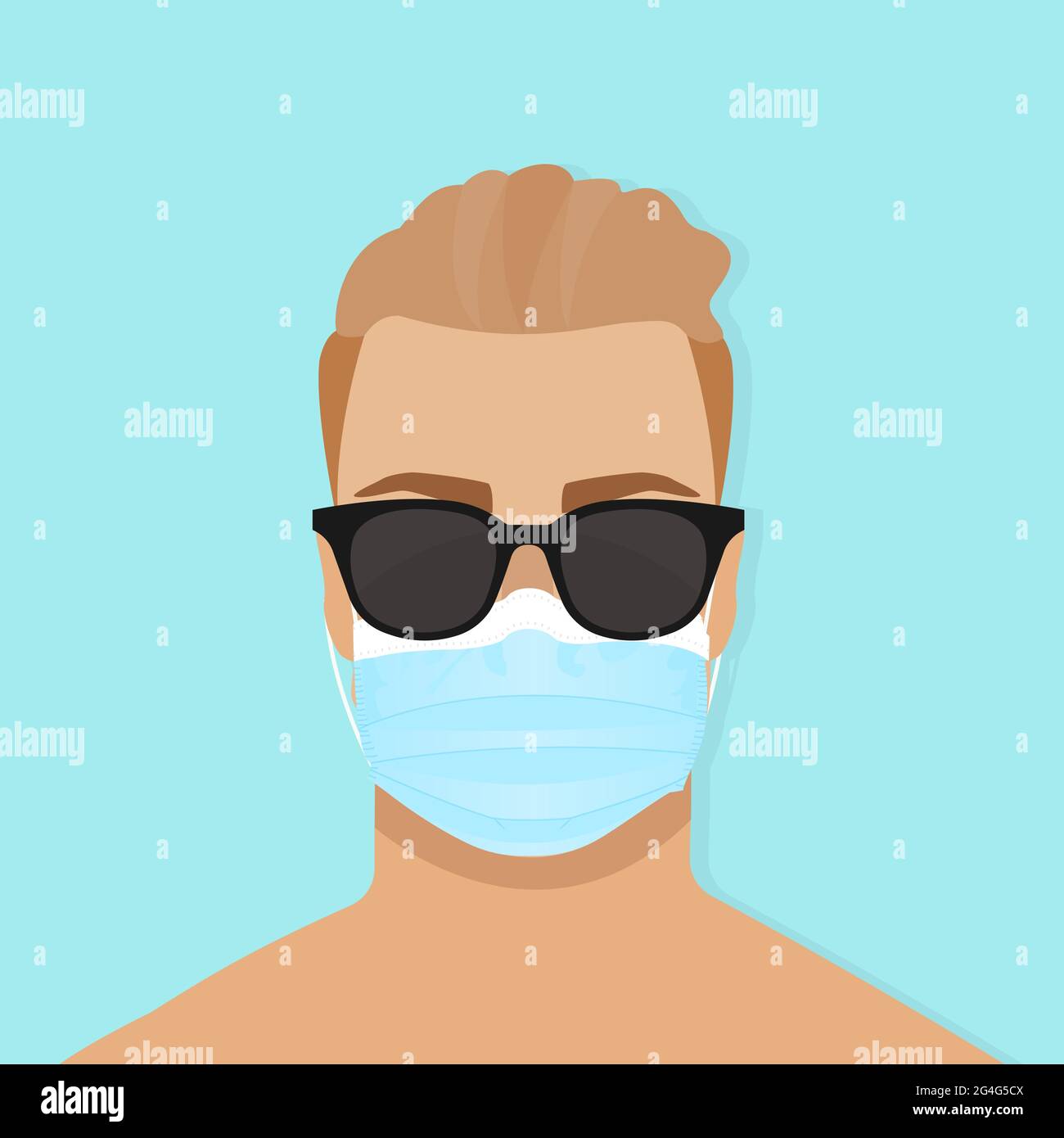 Jeune homme portant des lunettes de soleil et un masque. Été 2020. Protection contre le coronavirus. Nouveau style de vie normal. Illustration vectorielle, conception plate Illustration de Vecteur