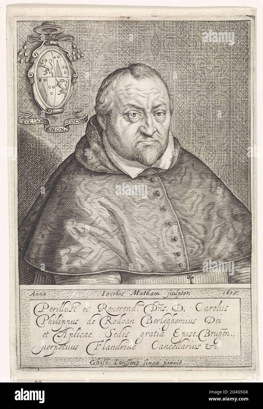 . Portrait de Charles Philips de Rodoan, évêque de Middelburg et de Bruges. Son arme avec le sort derrière lui: Coelum non solum. Banque D'Images