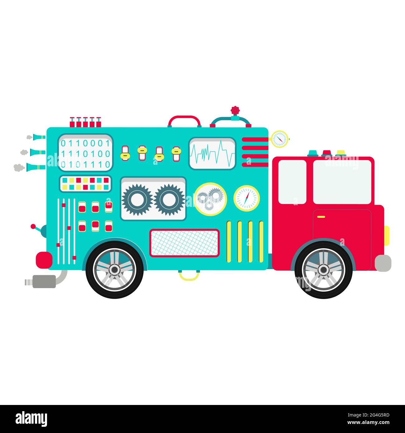 Machine en forme de benne avec boutons, panneaux et leviers. Chariot mignon et abstrait. Isolé. Arrière-plan blanc. Illustration de Vecteur