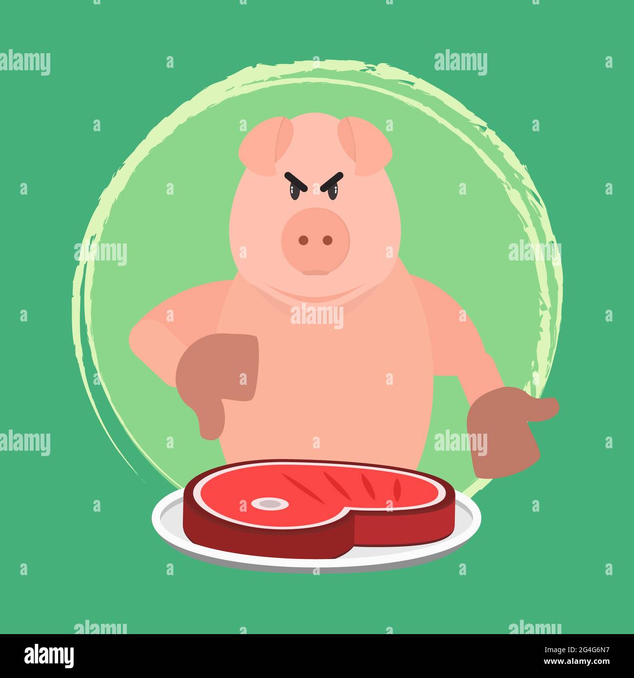 Porc en colère désapprouvant la consommation de porc. Invitation au végétalisme et au végétarisme. Pas de porc. Illustration de Vecteur