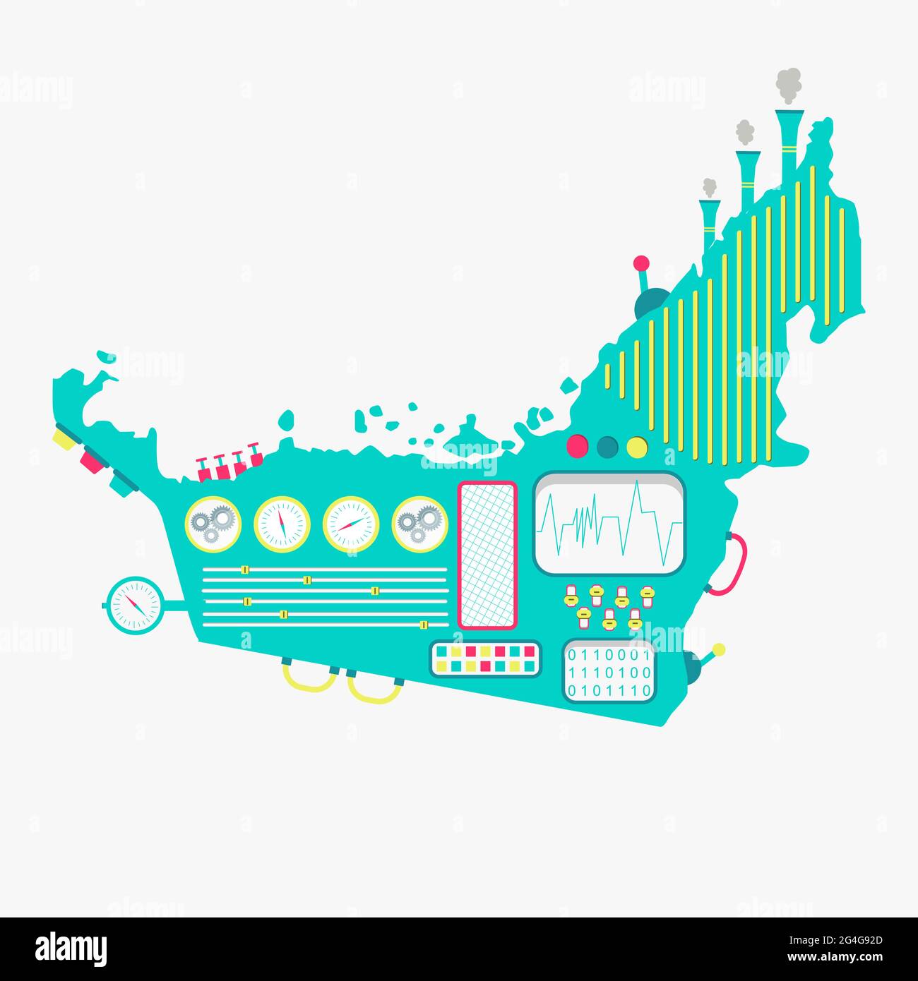 Carte des Émirats arabes comme une machine mignonne avec des boutons, des panneaux et des leviers. Isolé. Arrière-plan blanc. Illustration de Vecteur