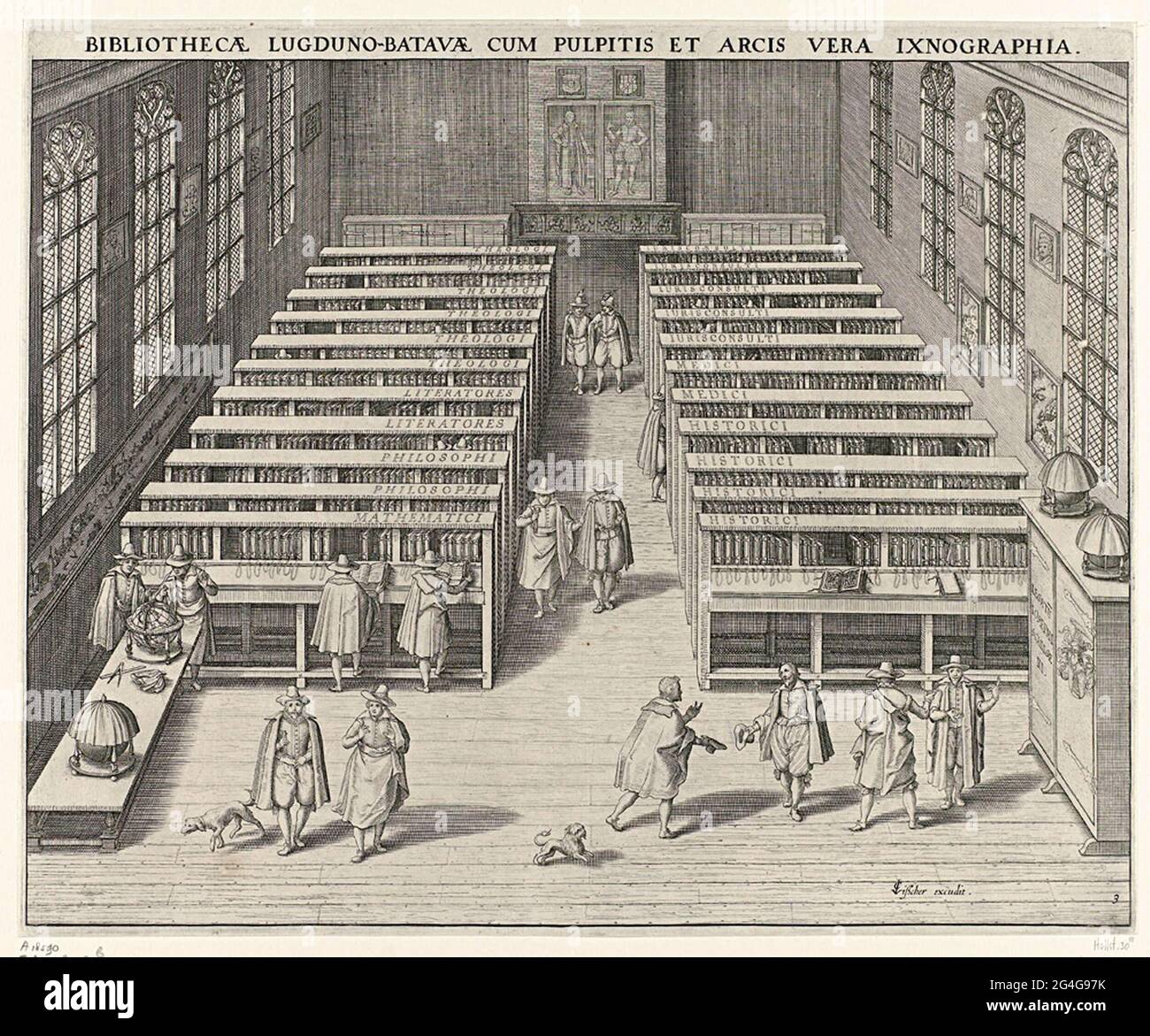 . Bibliothèque de l'Université de Leiden. Intérieur avec les placards avec les livres aux chaînes. Différents visiteurs au premier plan et entre les placards. Sur la gauche une table avec des globes. Droite un placard étiqueté: Legatu [] Josephi Scaligeri. Sur les murs cartes, tirages et portraits. Partie d'un groupe de quatre visages de l'Université de Leiden, plus tard utilisé comme illustration dans le supplément du Livre de Meursius sur l'Université de Leiden. Banque D'Images