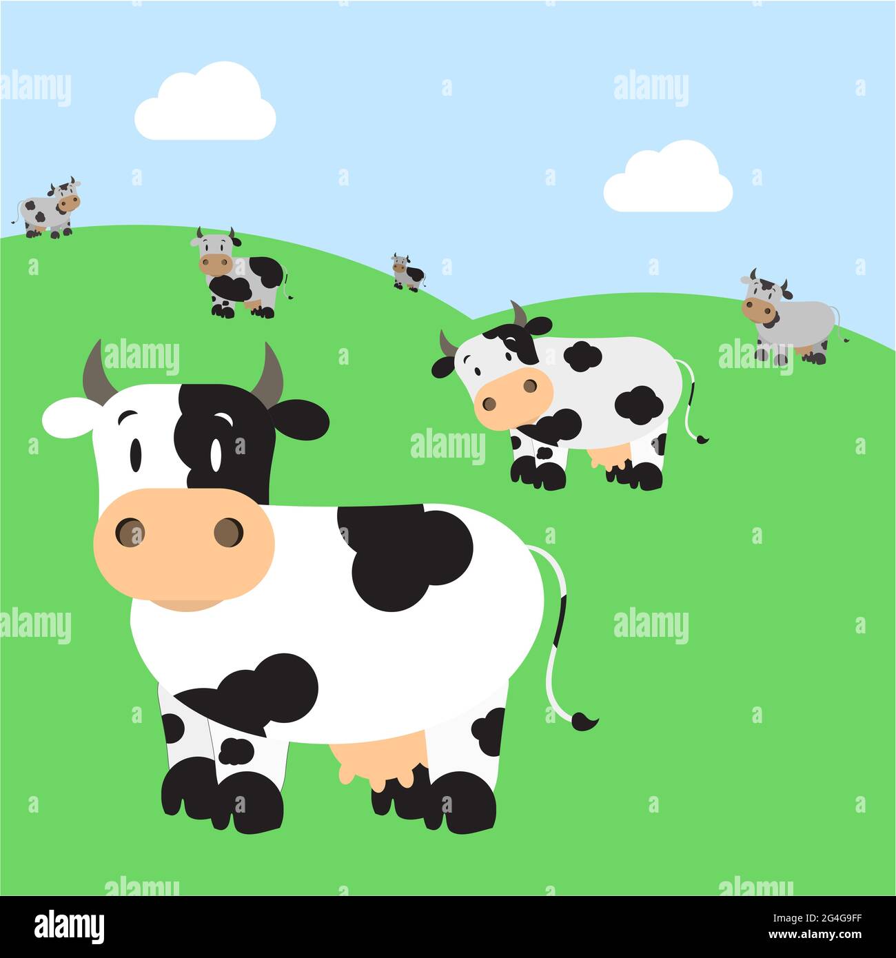Troupeau de vaches Holstein dans un pâturage. Ciel bleu en arrière-plan. Illustration de Vecteur