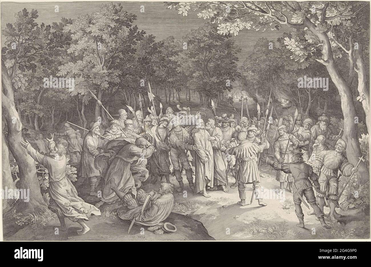 . Christ et ses étudiants à la cour de Getemane. Judas côte Christ sur la joue. Les soldats l'entourent et l'arrêtent. Pierre essaie de défendre le Christ et tombe dans l'un des soldats. Banque D'Images