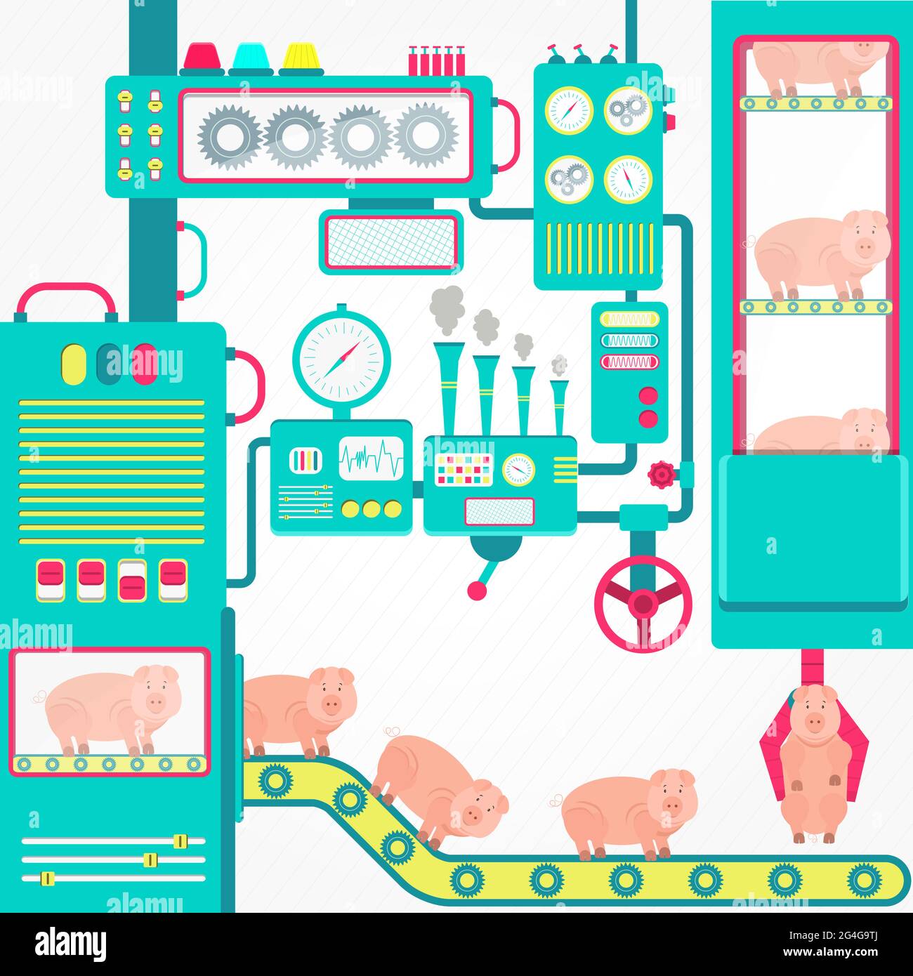 Usine colorée de cochons avec machines mignonnes. Fantaisie. Conceptuel. Conception plate. Illustration de Vecteur
