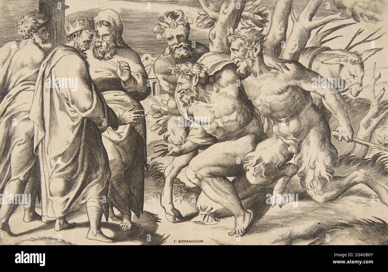 Deux satyres amenant Silenus King Midas debout à gauche, 1531-76. Banque D'Images