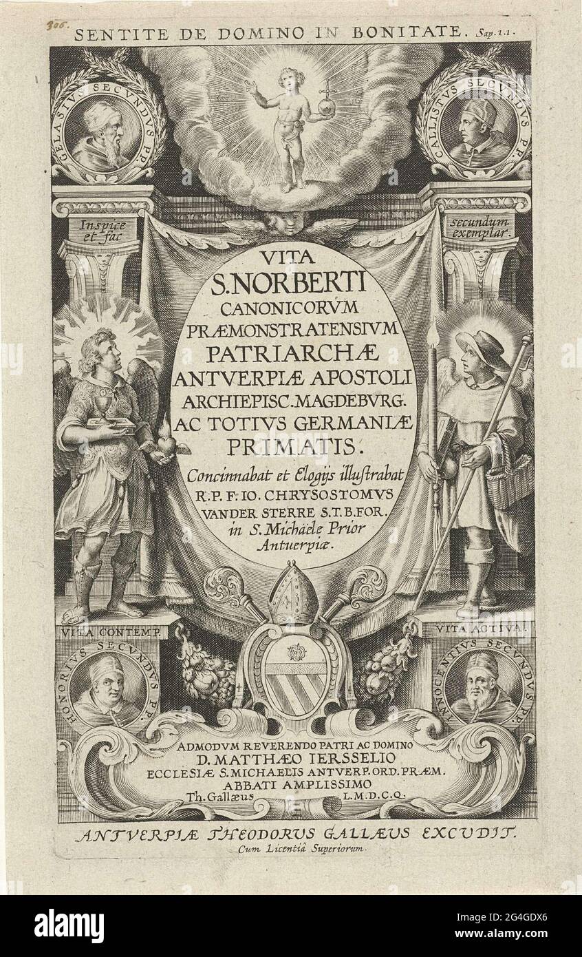 . Dans une liste ovale, le titre du livre. De chaque côté de la liste, la personnification de la Vita Contemplativa (à gauche) et des ressources Vita (à droite). Les deux regardent l'enfant Christ suggéré au-dessus du titre. Dans tous les coins des portraits des papes qui ont été importants dans la vie de Saint Norbertus : Innocenti II, Honoreus II, Calixtus II et Gelasius II Banque D'Images