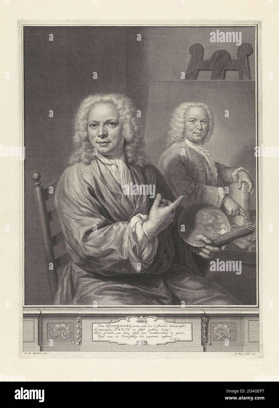 . Portrait du peintre et dessinateur Jan Maurits Quinkhard, montrant le portrait de Pieter Tanjé, debout sur le chevalet. Dans sa main, Quinckhard tient une palette et des pinceaux. Sous le portrait un verset à quatre lignes en néerlandais. Banque D'Images