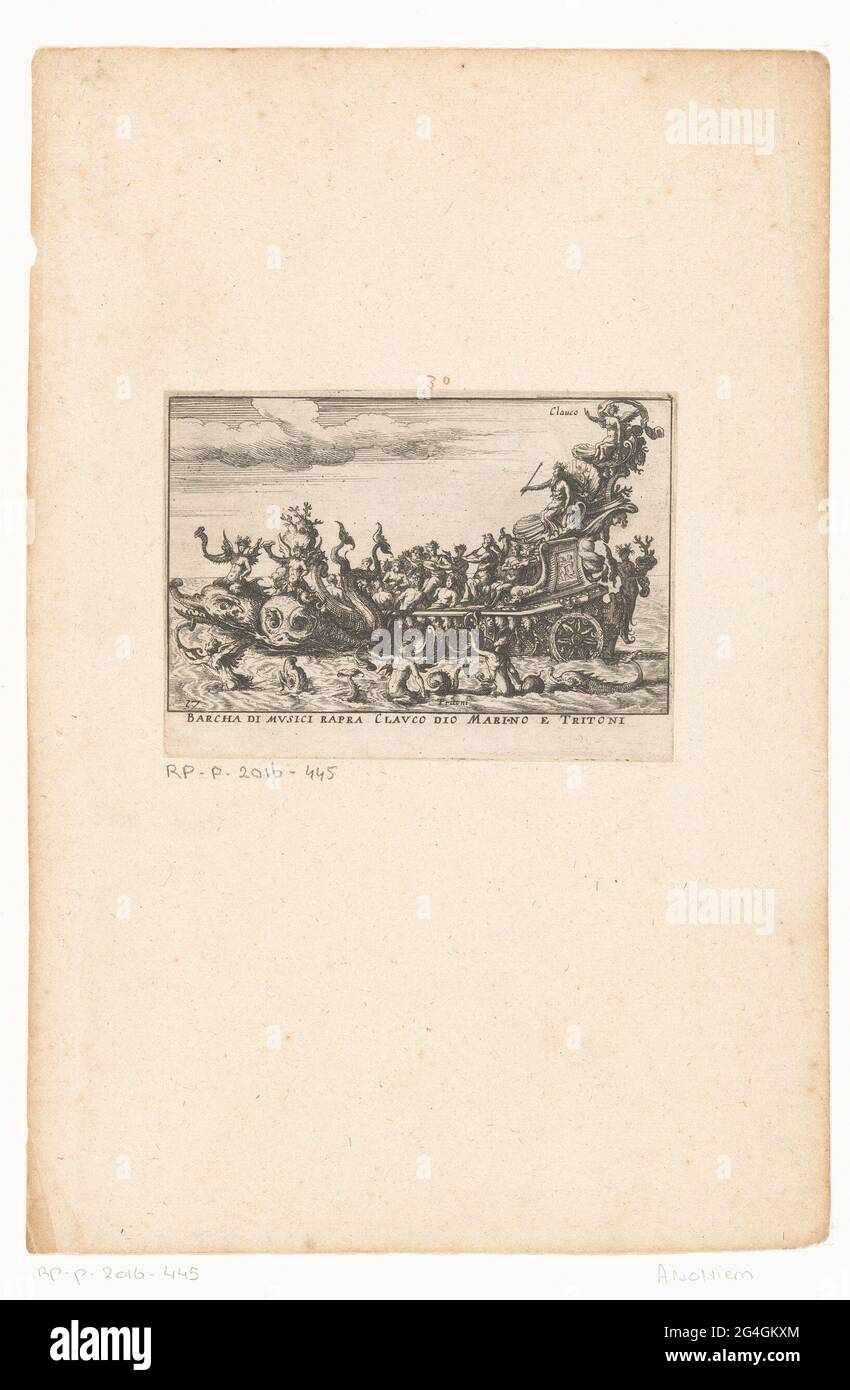 Navire avec musiciens et glaucus; Barcha di Mvsici Rapra Vlavco Dio Marino E Tritoni; Argonaut navires pour le combat à l'Arno pendant la fête de mariage de Cosimo II le 'Medici à Florence en 1608; Le magnifique Carousel fait sur le fleuve de l'Arne à Florence pour le mariage du Grand Duc. Un navire avec des dauphins comme un arc, assis sur le navire musiciens et assis sur la poupe est glaucus. Dans l'eau comédie musicale mermaids. Banque D'Images