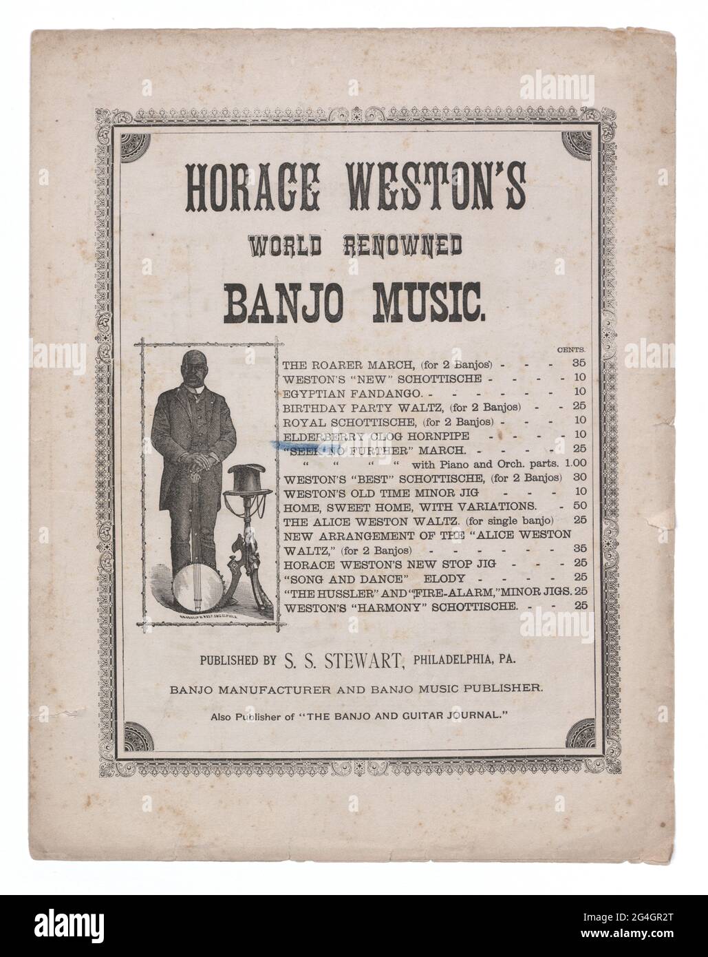 Partitions imprimées pour "pas plus de mars" par le musicien afro-américain  Horace Weston. Le folio de trois pages comporte une couverture avec un  portrait illustré de Weston debout avec son banjo à