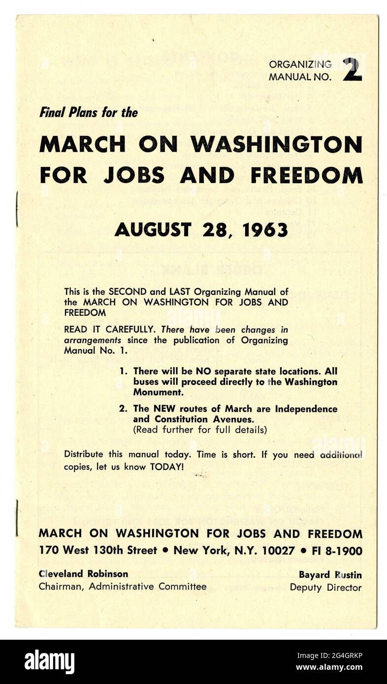 Le but de la marche du 1963 mars sur Washington pour l'emploi et la liberté était de défendre les droits civils et économiques des Afro-Américains. Une brochure, impression noire sur papier jaune. Le texte se lit comme suit : [plans définitifs pour la MARCHE SUR WASHINGTON POUR L'EMPLOI ET LA LIBERTÉ]. Banque D'Images