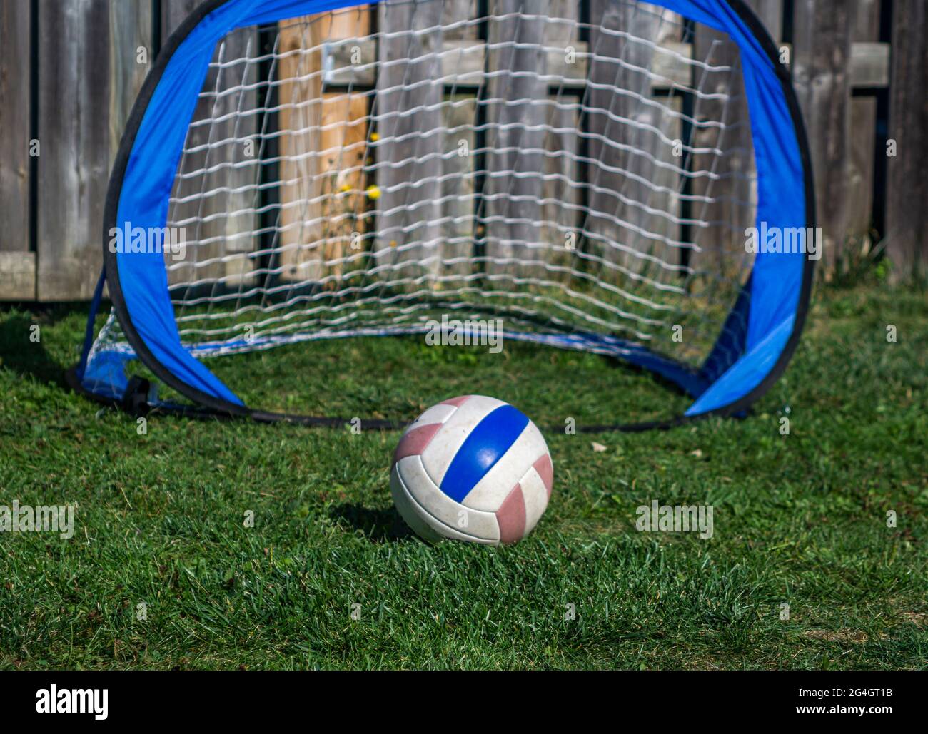 Mini-ballon de football et un mini-filet de gardien de but de football portable sur la pelouse d'une arrière-cour Banque D'Images