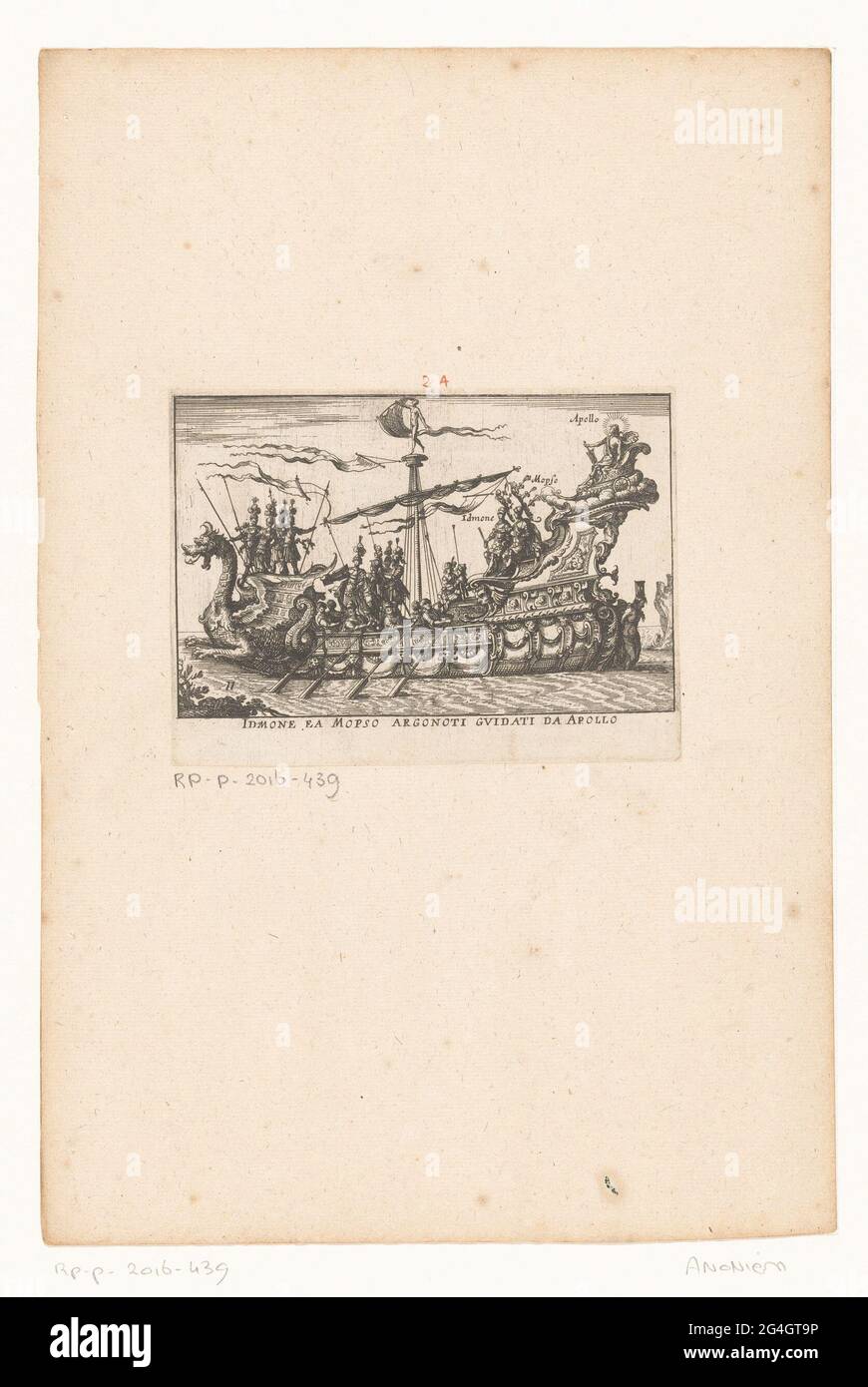 Navire avec IDMON, MOPSUS ET APOLLO; IDMONE EA MOPSO ARGONOTI GVIDATI DA APOLLO; Argonaut navires pour le combat à l'Arno pendant la partie de mariage de Cosimo II le 'Medici à Florence en 1608; Le magnifique carrousel fait sur la rivière de l'Arne à Florence pour le mariage du Grand-Duc. Au navire avec Dragon comme un arc, assis sur la stern iDmon, MopSus et Apollon. Banque D'Images