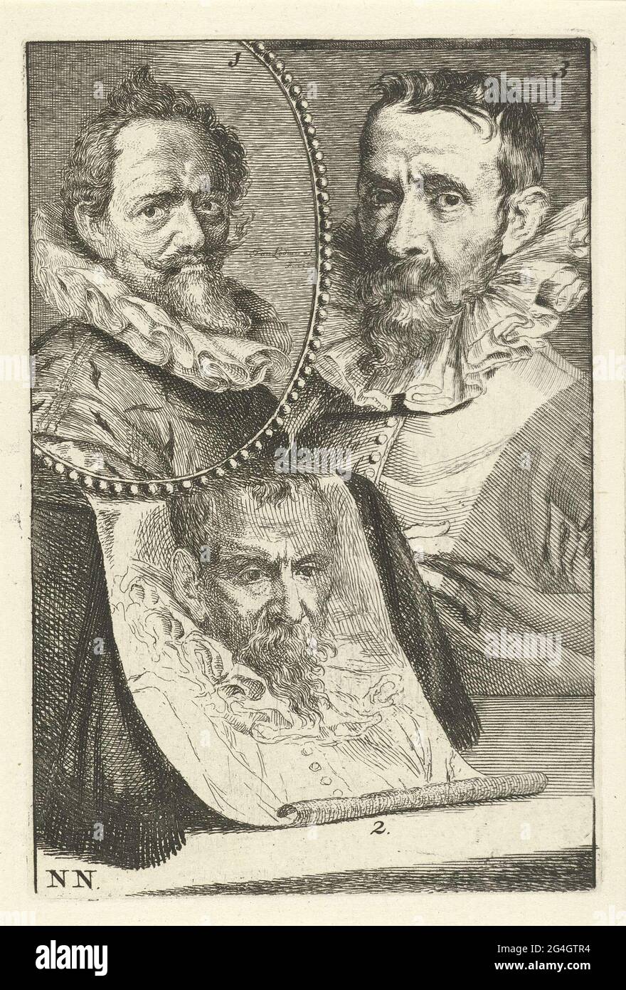 . Trois portraits d'artistes numérotés. Portrait de Hans von Aachen (non 1), Pieter Brueghel II (no 2) et Jan Brueghel I (non 3). Imprimer en bas à gauche avec le côté gauche : NN. Banque D'Images