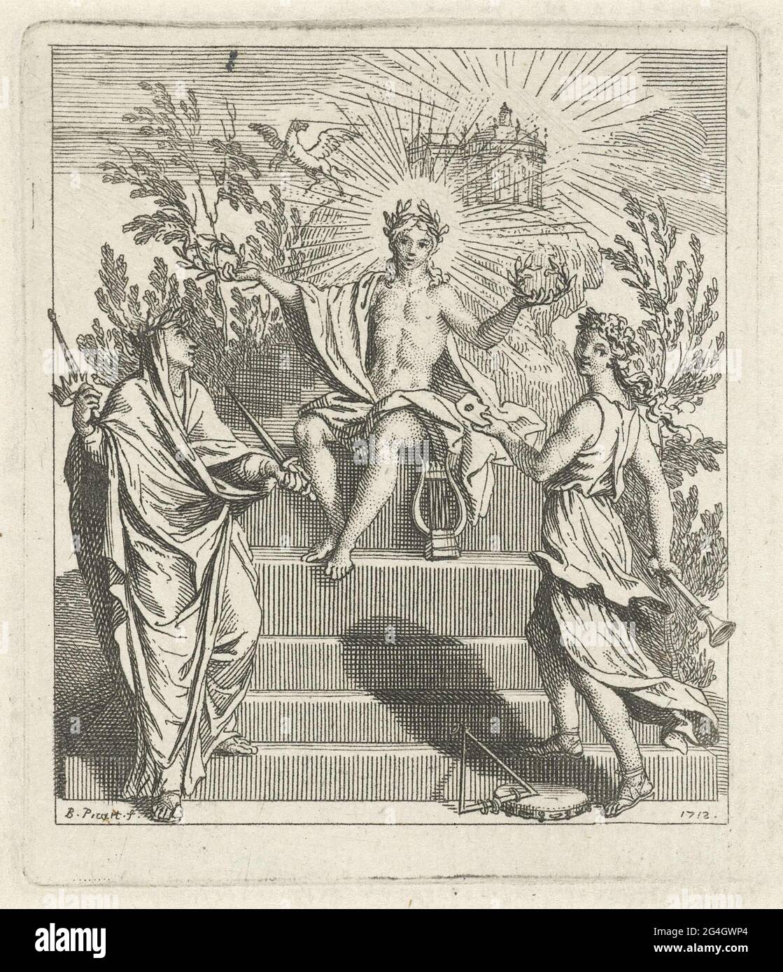 . Apollon, Dieu de la poésie et de la musique, au Parnassus. Il lauriers Melpomene et Thalia, respectivement les muses du jeu de tourment et de la comingy. Pegasus vole en arrière-plan. Banque D'Images