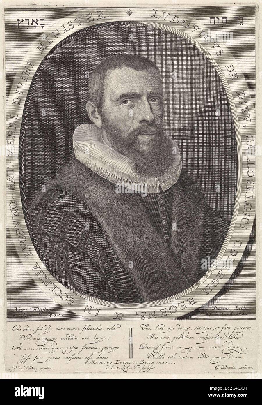 . Portrait de Louis de Dieu, pasteur et rainage. En bas de la marge, deux versets à quatre lignes en latin. Banque D'Images