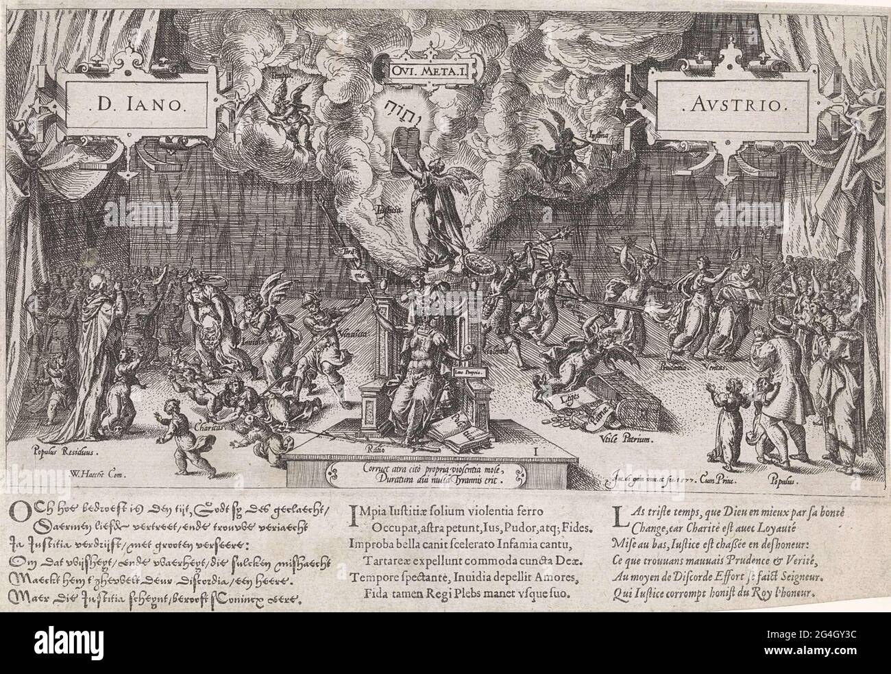 . Théâtre avec la règle de la violence et de la discorde allégoriquement représenté comme une lutte entre le bien et le mal, gadten par la population du pays. Dans les nuages, les personnifications de la justice (Justitia), du temps (Tempus) et de la mauvaise renommée (Infama). Dans la présentation, il est accompagné du nom de Don Juan et d'une référence aux métamorphies d'Ovid. Sous le spectacle imprimé trois versets de 6 règles chacun en néerlandais, latin et français. Banque D'Images