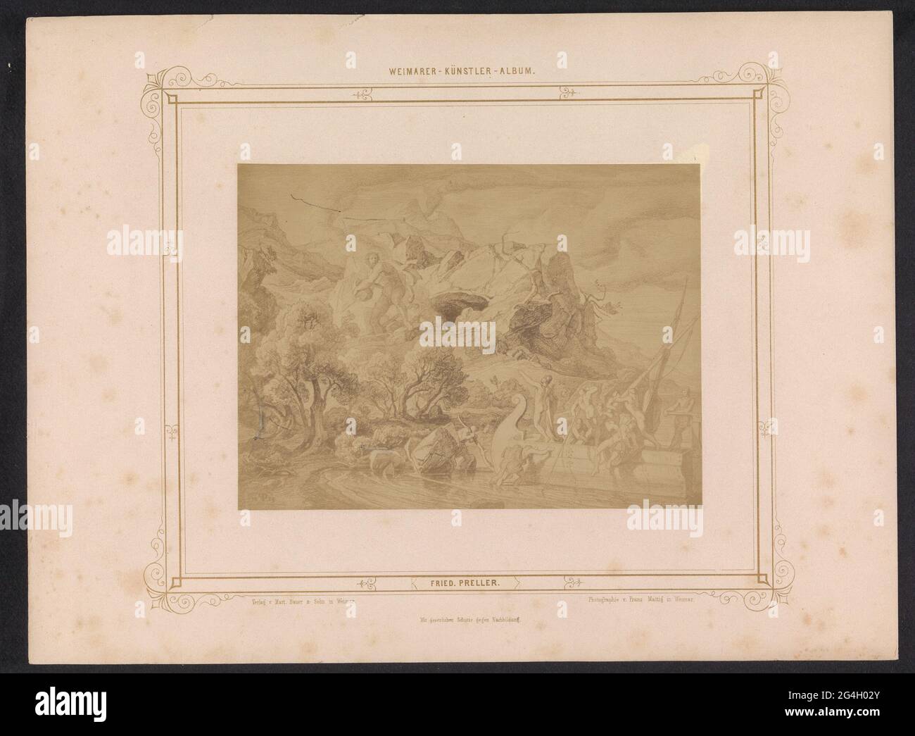 La production photo d'un dessin, représentant polyphemos jette un rocher à Odysseus et sa conséquence. . Banque D'Images