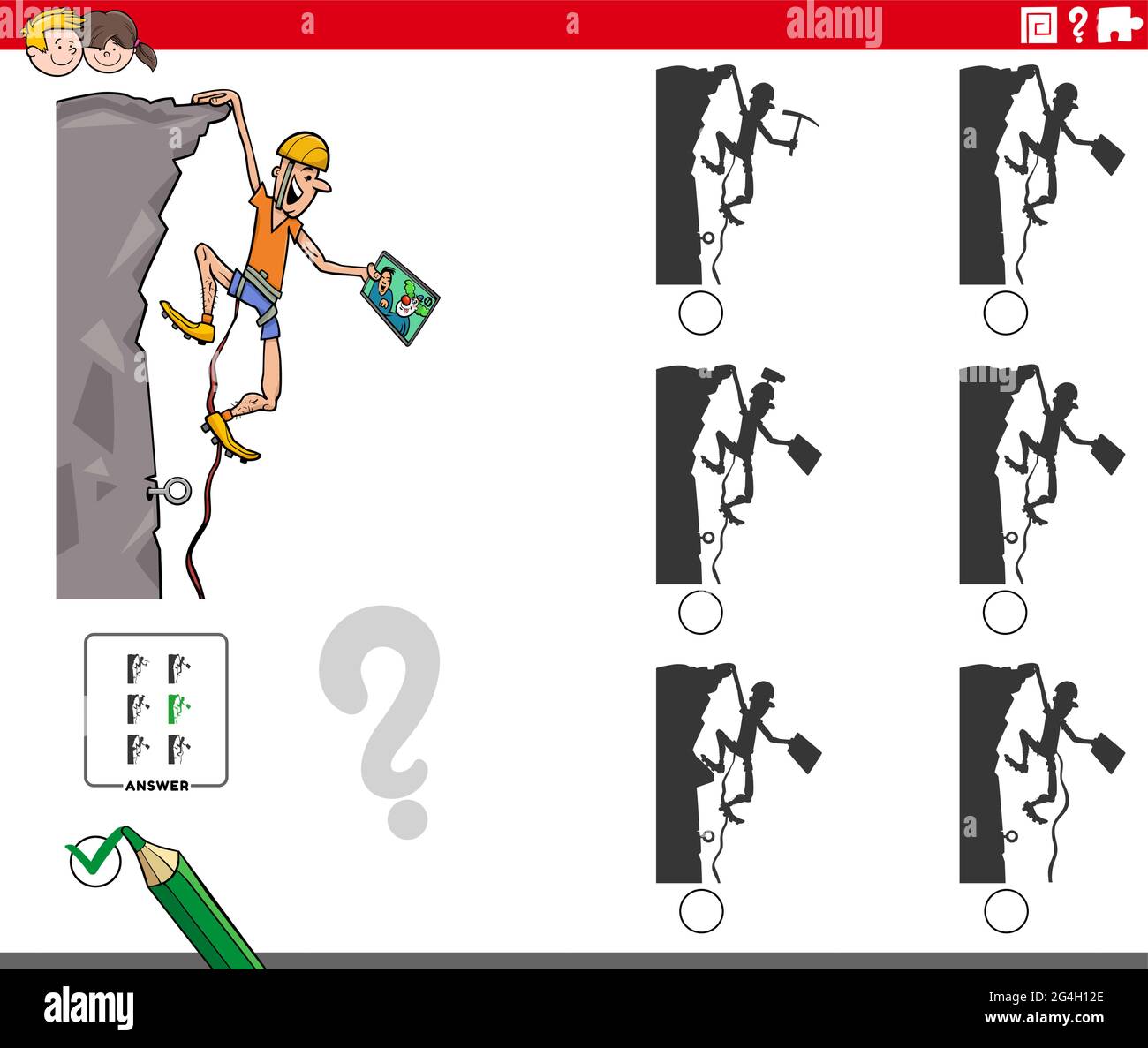 Dessin animé illustration de trouver l'ombre sans différences jeu éducatif pour les enfants avec le personnage grimpeur Illustration de Vecteur