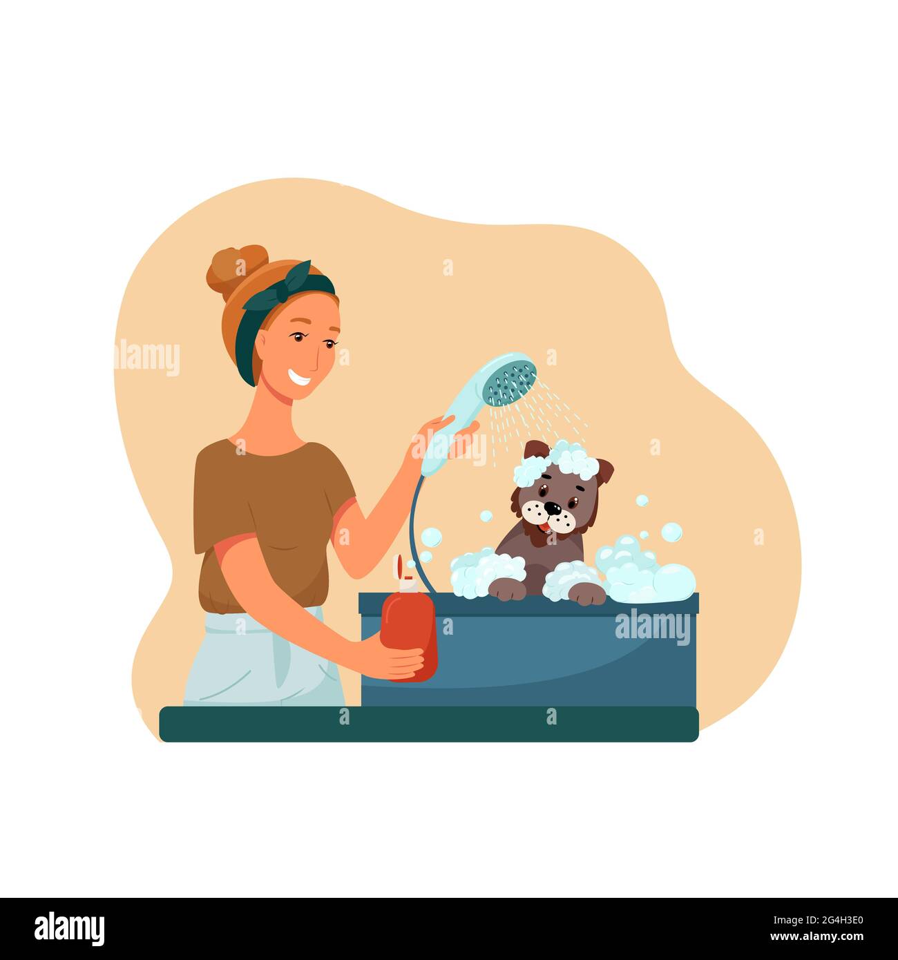 Toilettage pour animaux de compagnie, la fille lave le chien, illustration vectorielle dans le style plat Illustration de Vecteur